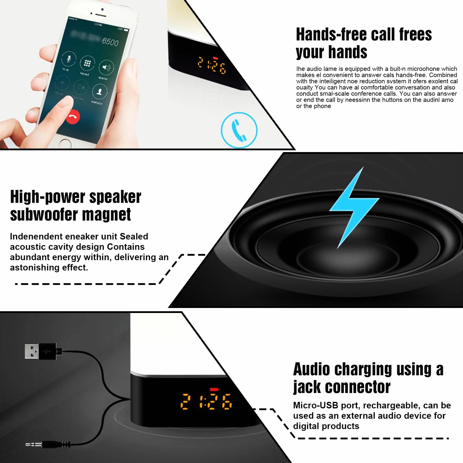BORDEAG Altoparlante Bluetooth Sveglia con Luce LED Touch, Lampada da Comodino Dimmerabile, Lettore MP3