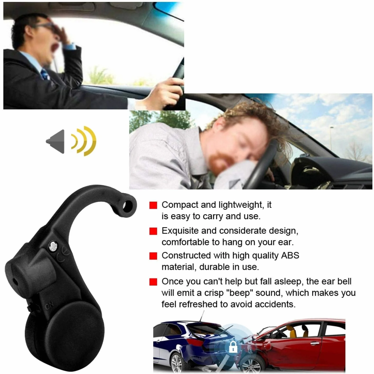Allarme del sonno del conducente Dispositivo anti-sonno per guida sicura auto appeso all'orecchio Nero
