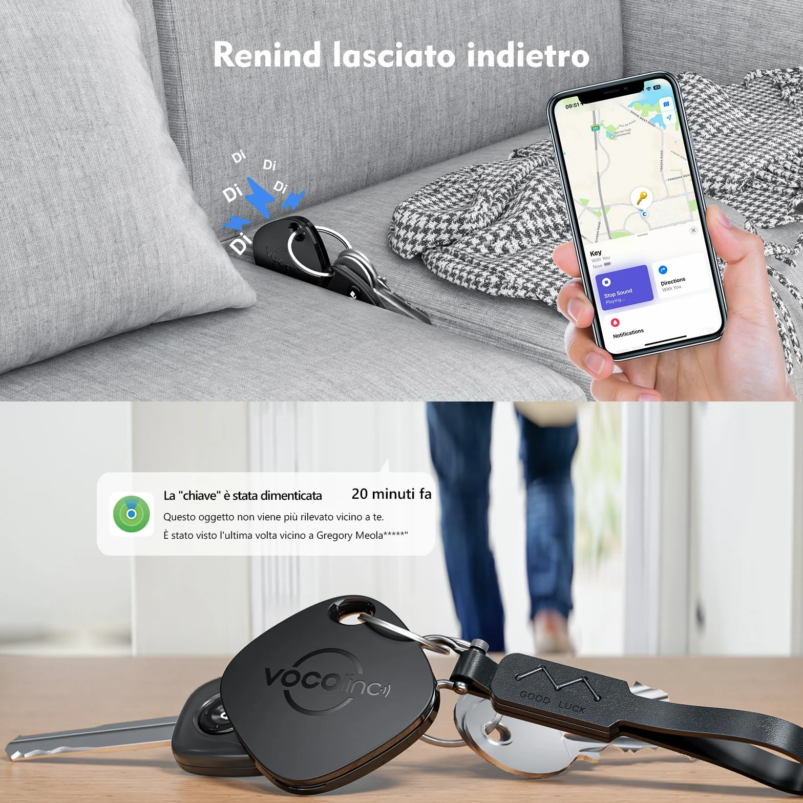 VOCOlinc Air Tag Tracker 2 Pezzi, Bluetooth Localizzatore Chiavi Compatibile con Apple Dov’è App, Trova Oggetti per Portafogli Valigie Bagagli, Batteria Sostituibile
