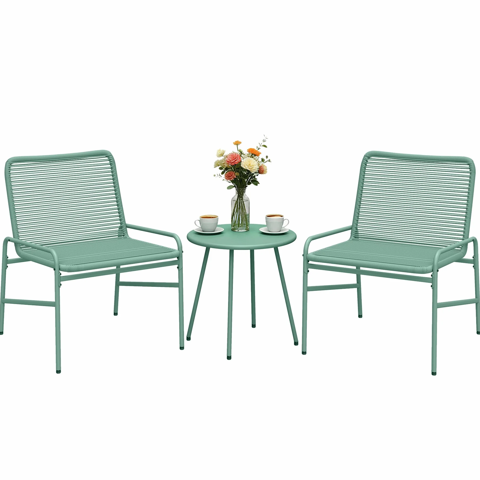 Outsunny Set da Bistrò in Rattan da 3 Pezzi, Set da Giardino con 2 Sedie, Tavolo Rotondo con Piano Metallo, Set di Mobili da Giardino Struttura in Acciaio Zincato, per Patio Balcone Terrazzo, Verde