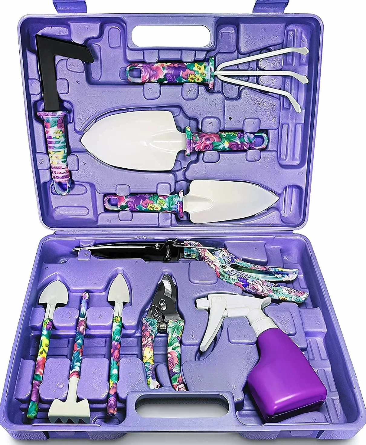 KAHEIGN 10Pz Strumenti da Giardinaggio, Stampa Floreale Viola Attrezzo Manuale Da Giardino Manico Ergonomico Pala E Potatore Rastrello Spruzzatore D'acqua, Regali Di Giardinaggio per Donne, Uomini