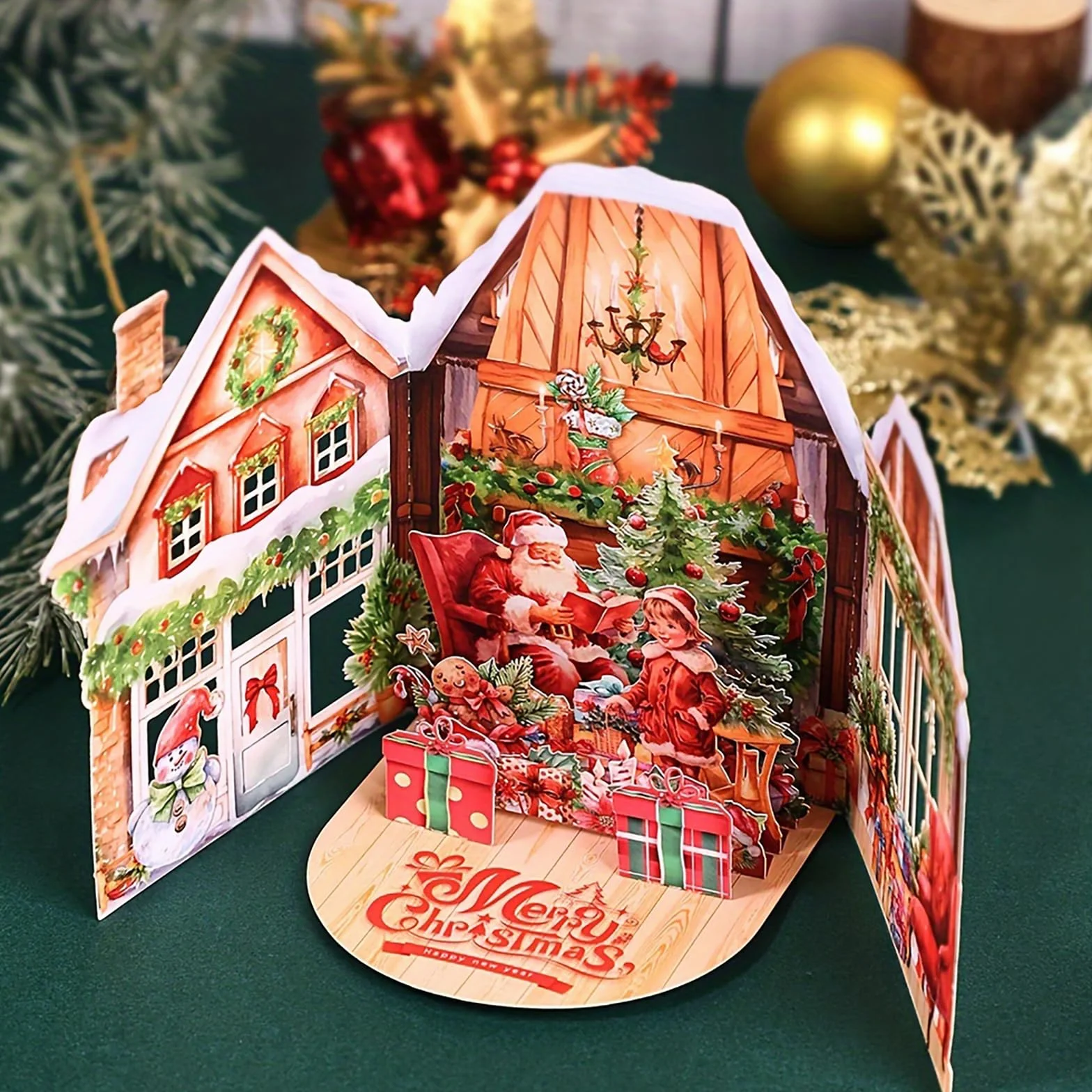 Biglietto di Natale 3D Pop Up, Cartolina Auguri con Busta, Babbo Natale e Bambina, Albero di Natale
