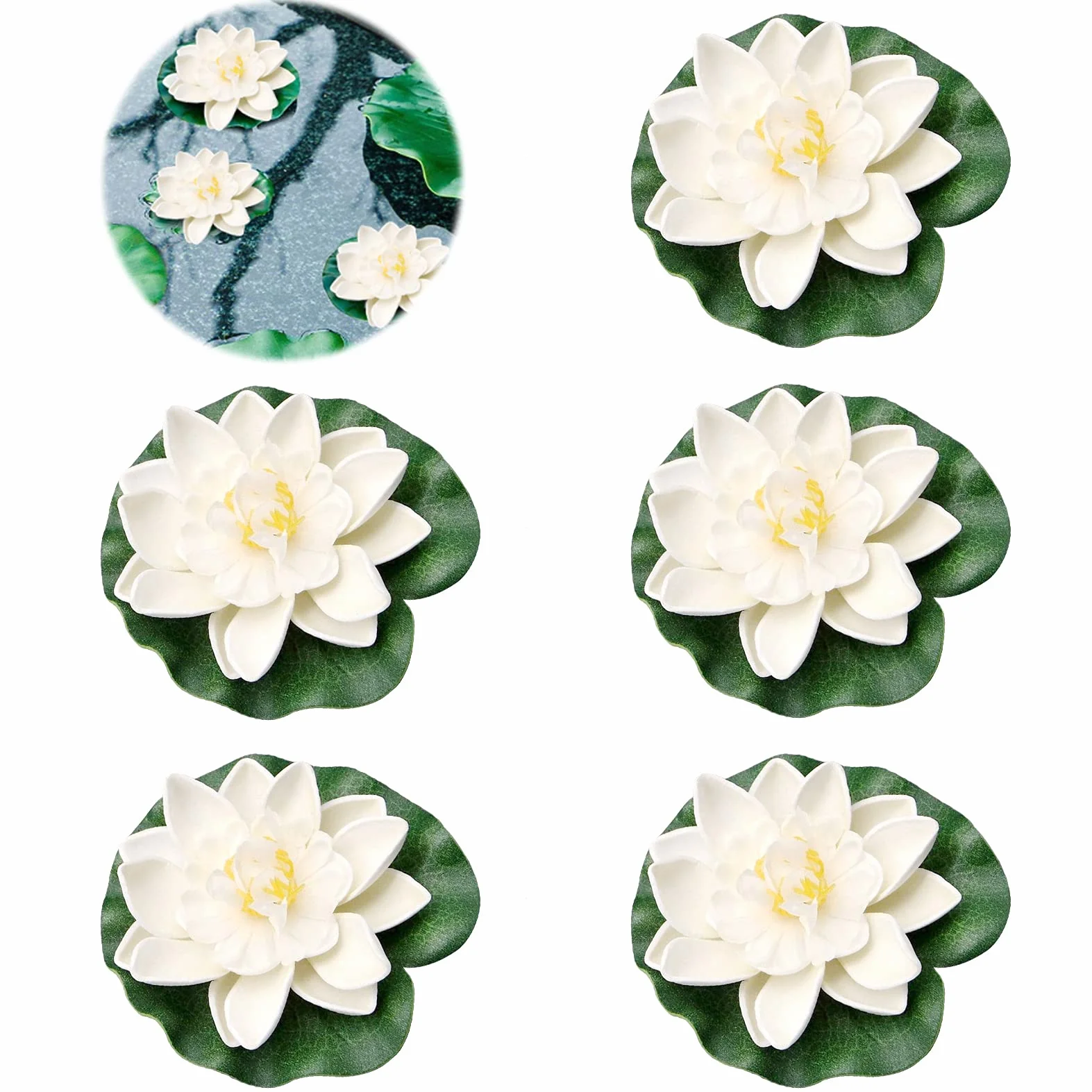 5pcs Fiori di Loto galleggianti Artificiali,Fiori galleggianti per laghetti,Fiore di Loto in Schiuma,di Loto e Foglie di Loto per Stagno Decor,Decor Fiori di Loto (Bianco)