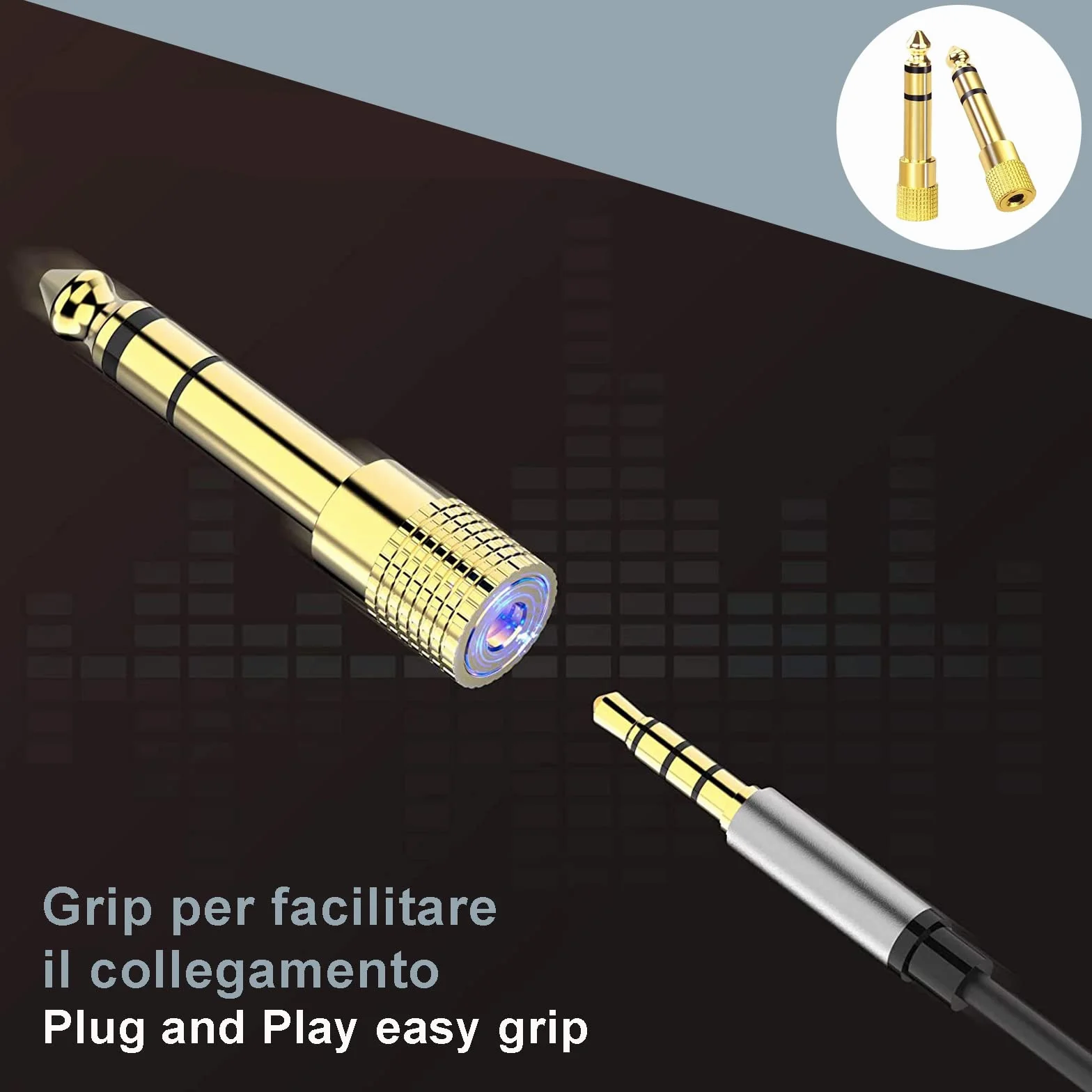 Adattatore Jack Cuffie 6.3 a 3.5 Rame Puro Placcato Oro Riduttore Maschio Femmina Stereo AUX
