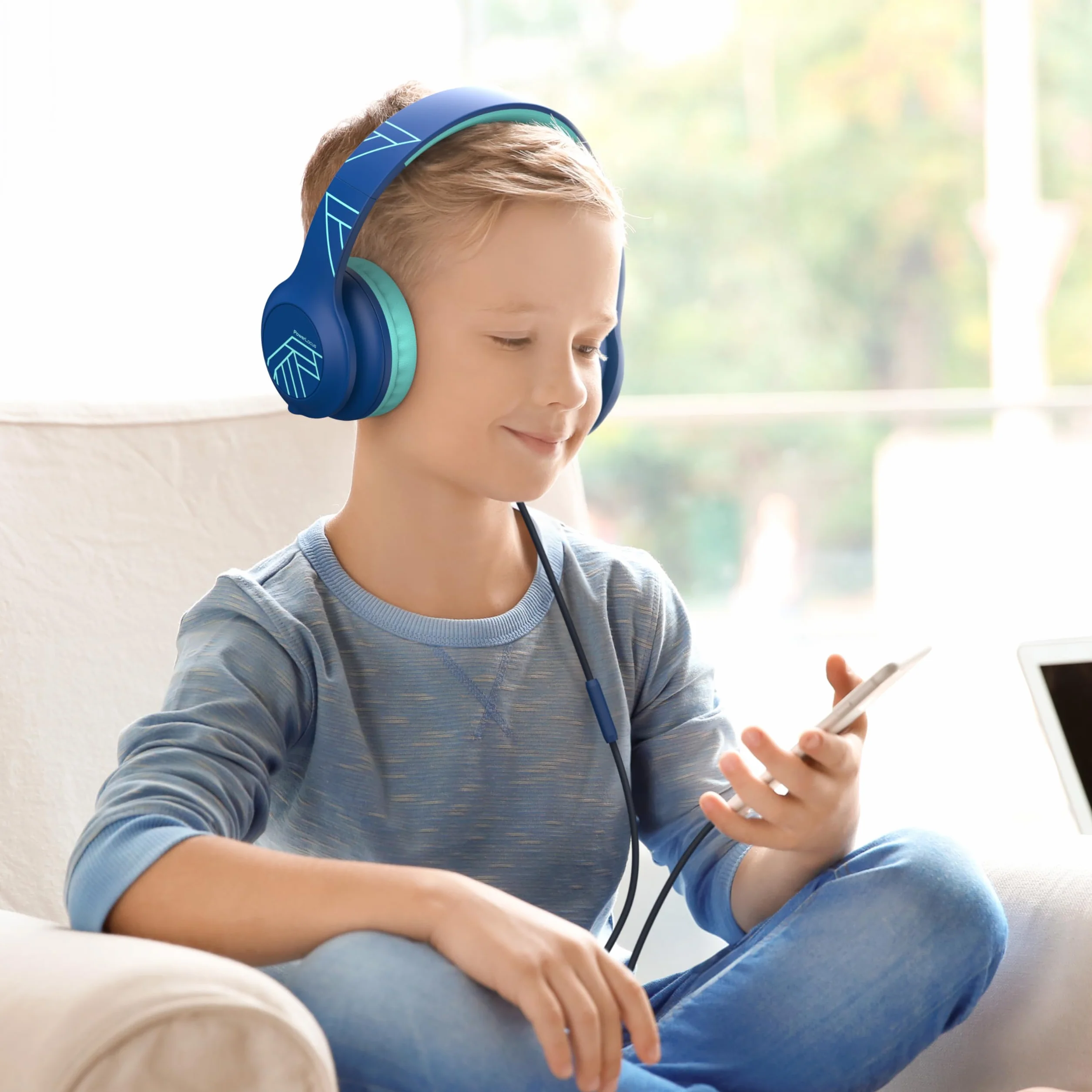 PowerLocus Cuffie per Bambini con Filo, Pieghevoli, Limitazione Volume 85/94dB, 3.5mm Jack, Microfono, Hi-Fi Stereo per Telefono/Viaggio/PC (Blu)