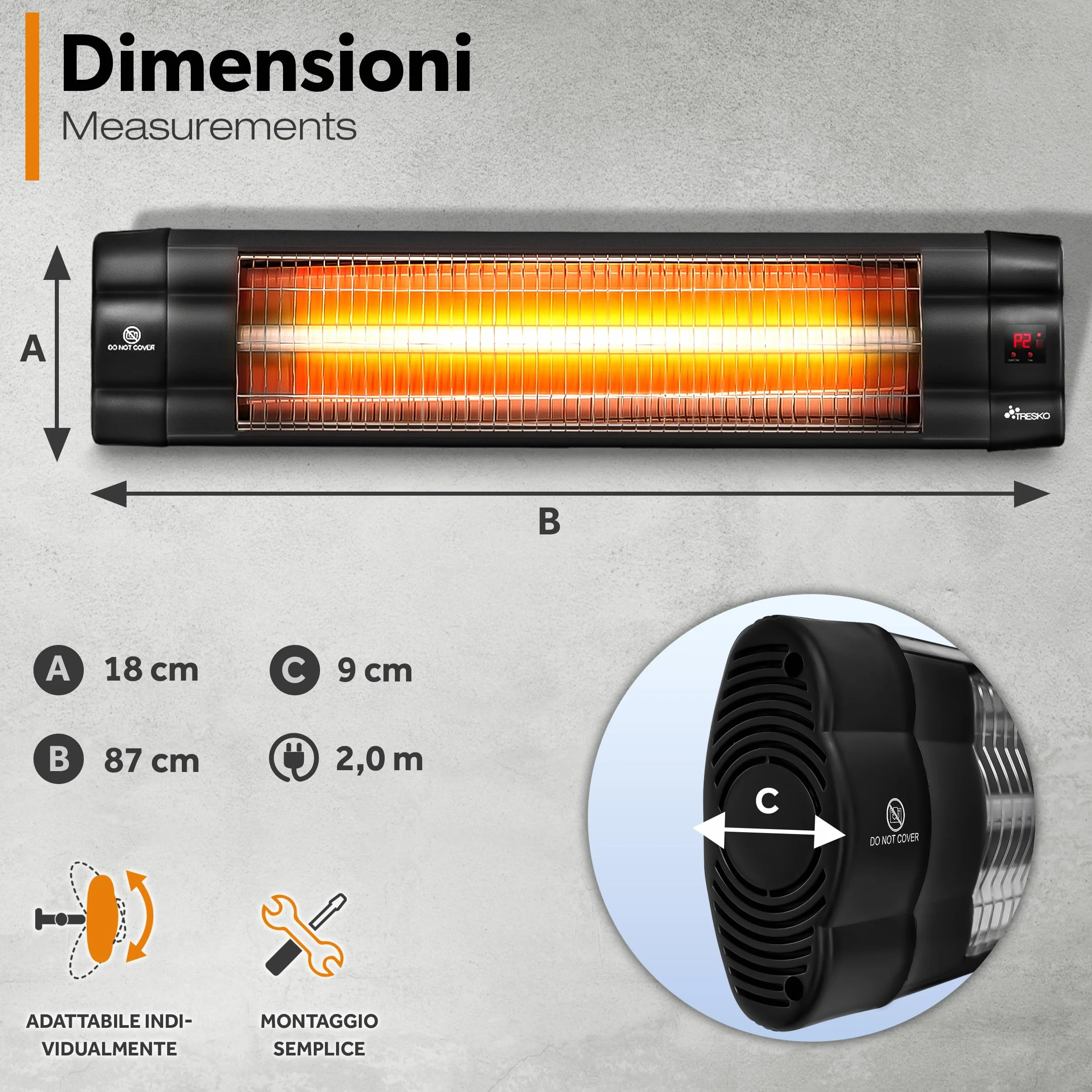 TRESKO Riscaldatore ad Infrarossi 2500W Telecomando 3 Livelli Calore Stufa Elettrica Esterno