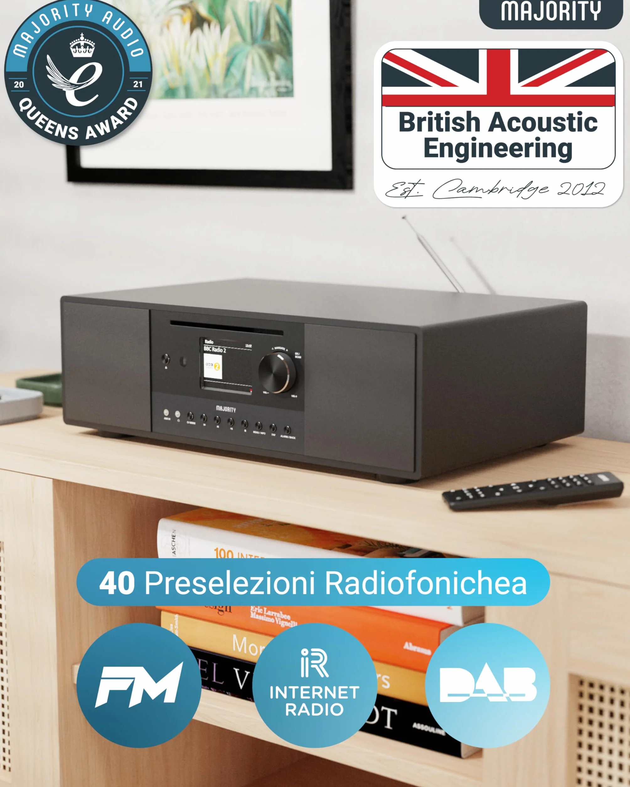 Majority Quadriga Internet Radio Lettore CD Hi Fi DAB+ Impianto Stereo Casa 120W 2.1 Bluetooth Wifi Spotify Connect