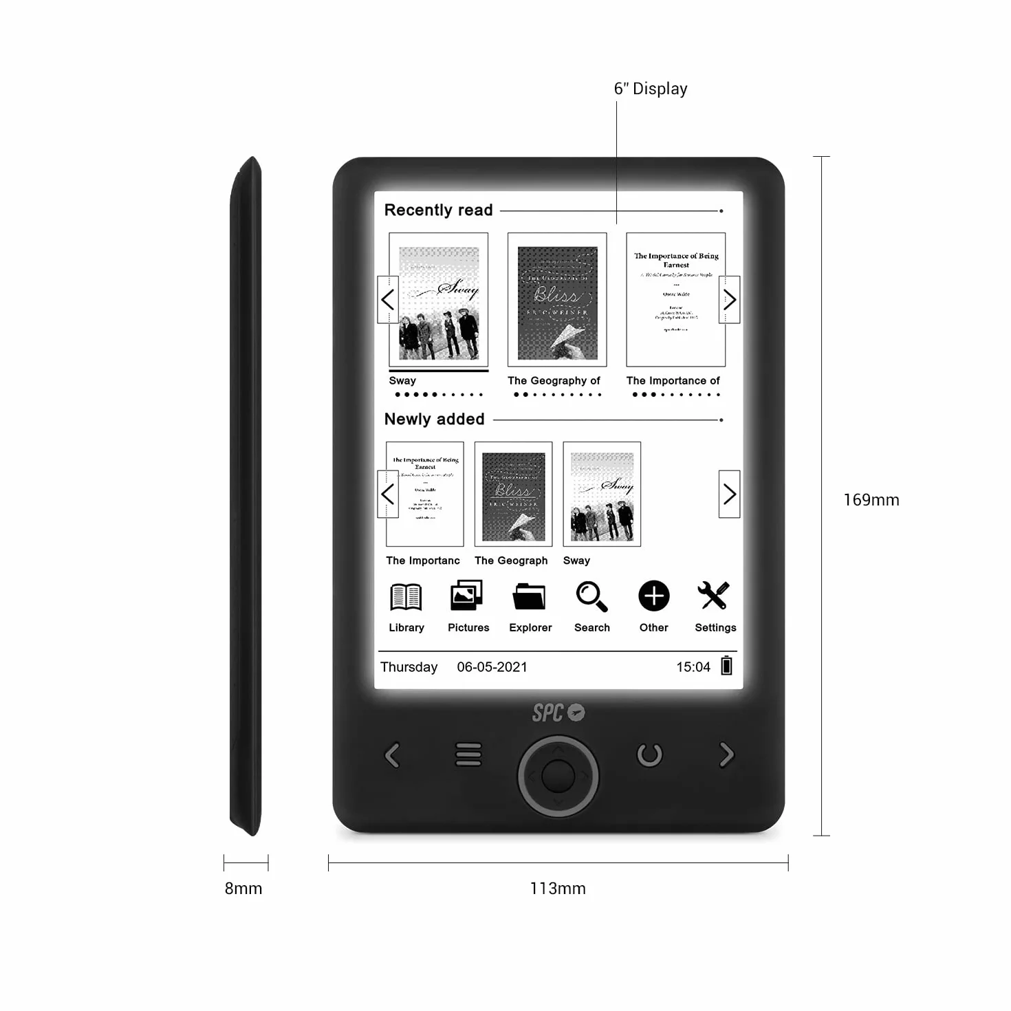 SPC Dickens Light 2 E-book z podświetlanym ekranem i 6 poziomami jasności, czarny