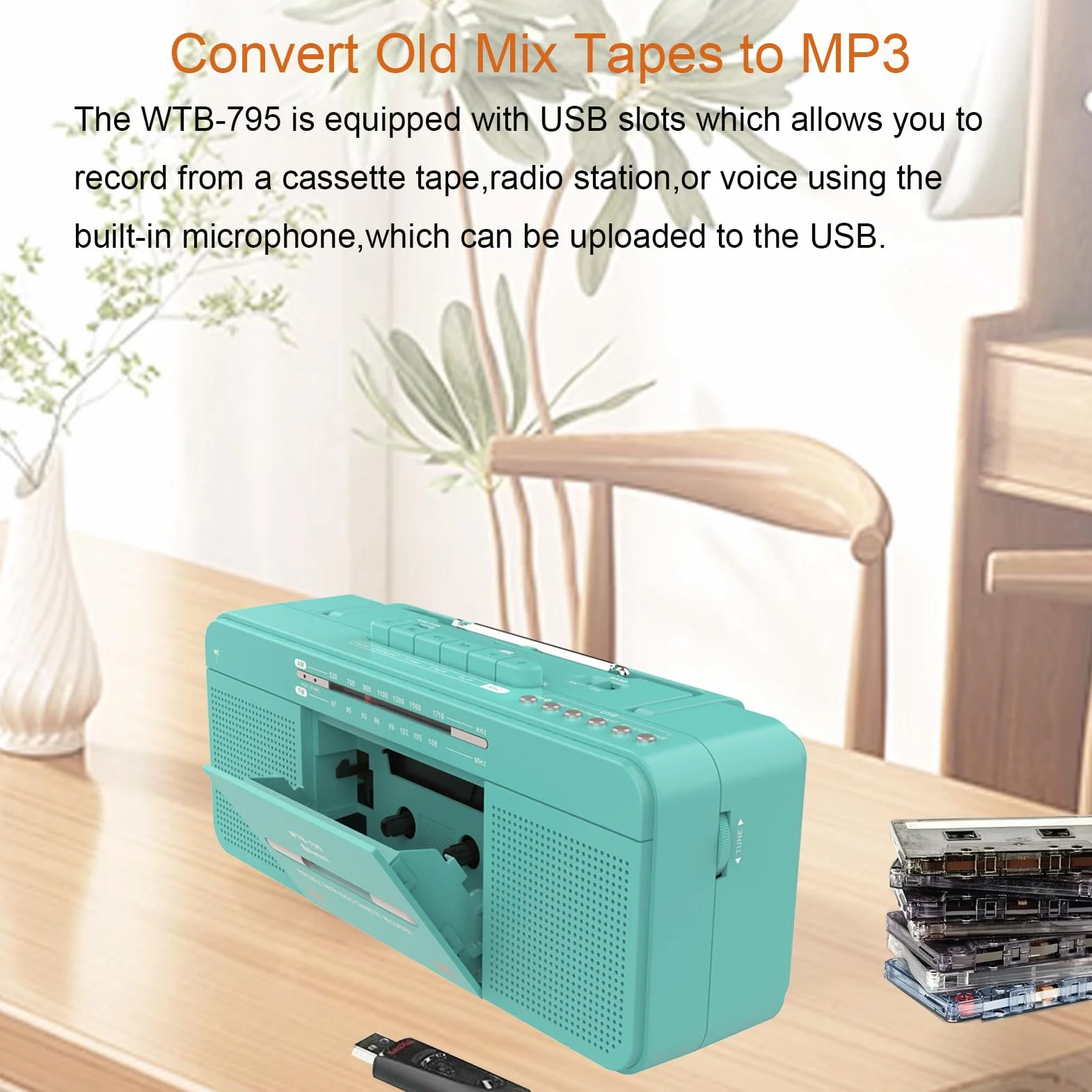 Lettore Audio Cassette Portatile USB Bluetooth Radio Stereo AM FM Registratore Microfono Convertitore MP3 Jack Auricolare Verde