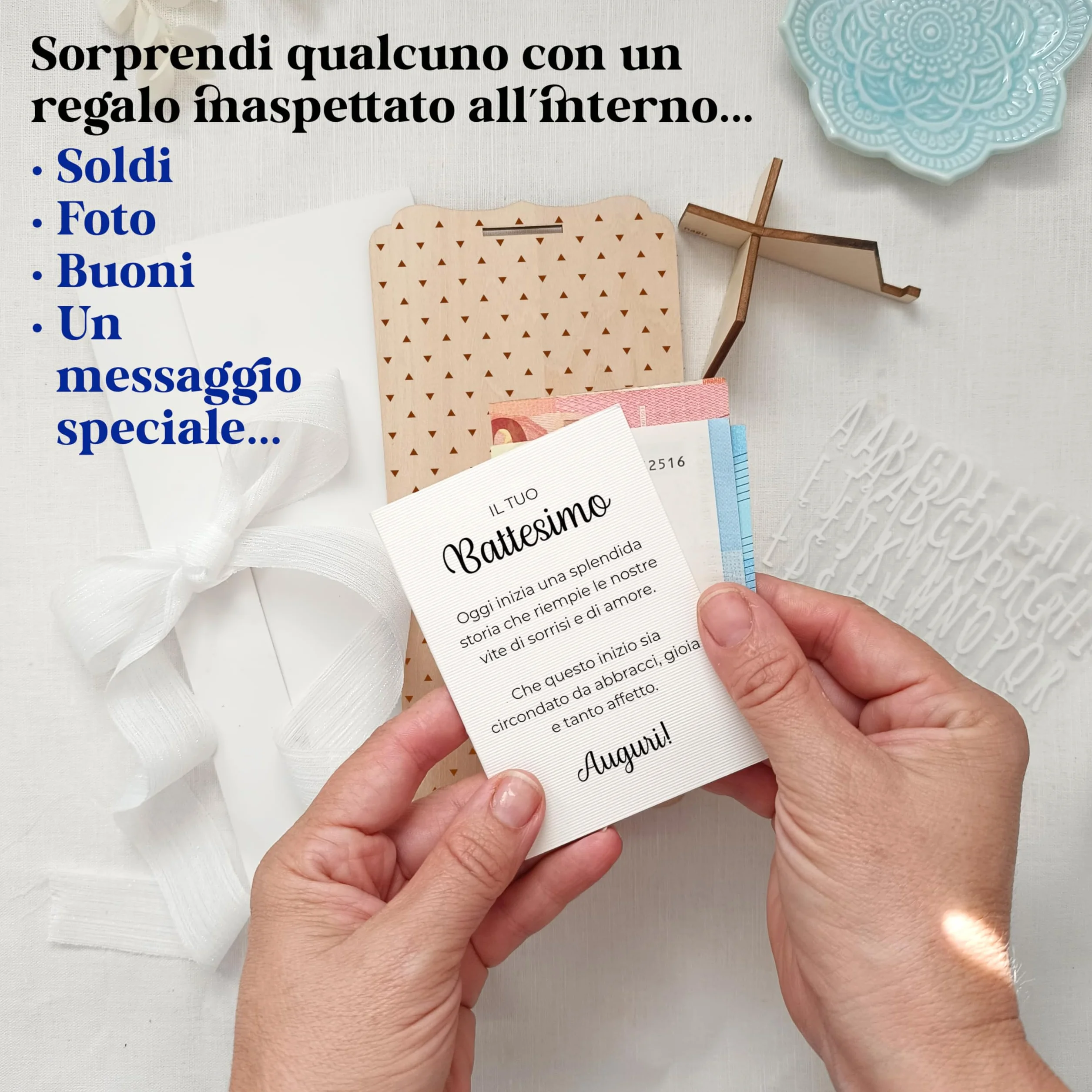 Battesimo carta personalizzata in legno nagu® regalo bambino fiocco busta supporto lettere foto