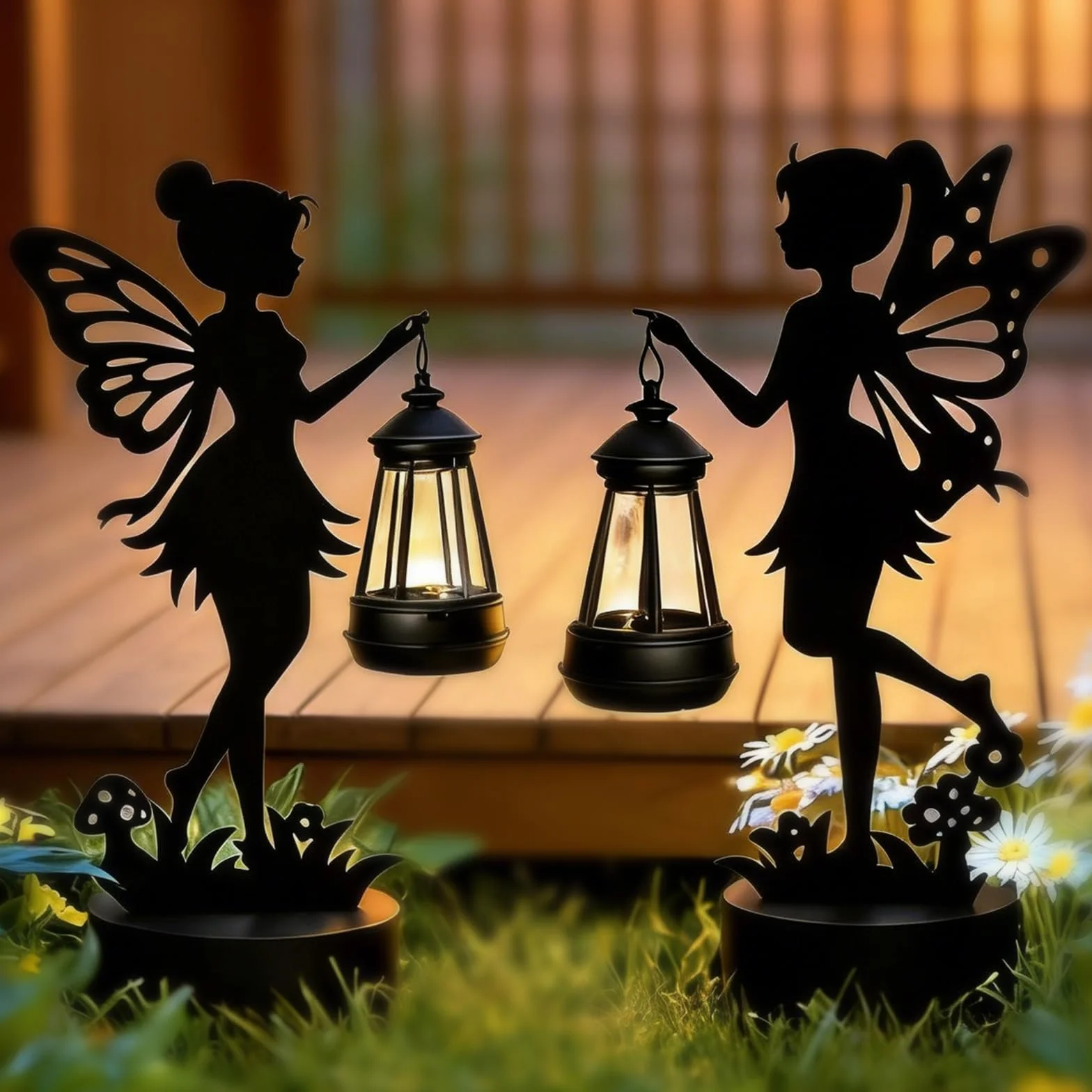 2 pezzi in metallo fata luce solare decorazione per esterni, statua di ferro, decorazione da giardino grande 30 cm con luci a energia solare, statua da giardino impermeabile, decorazioni per