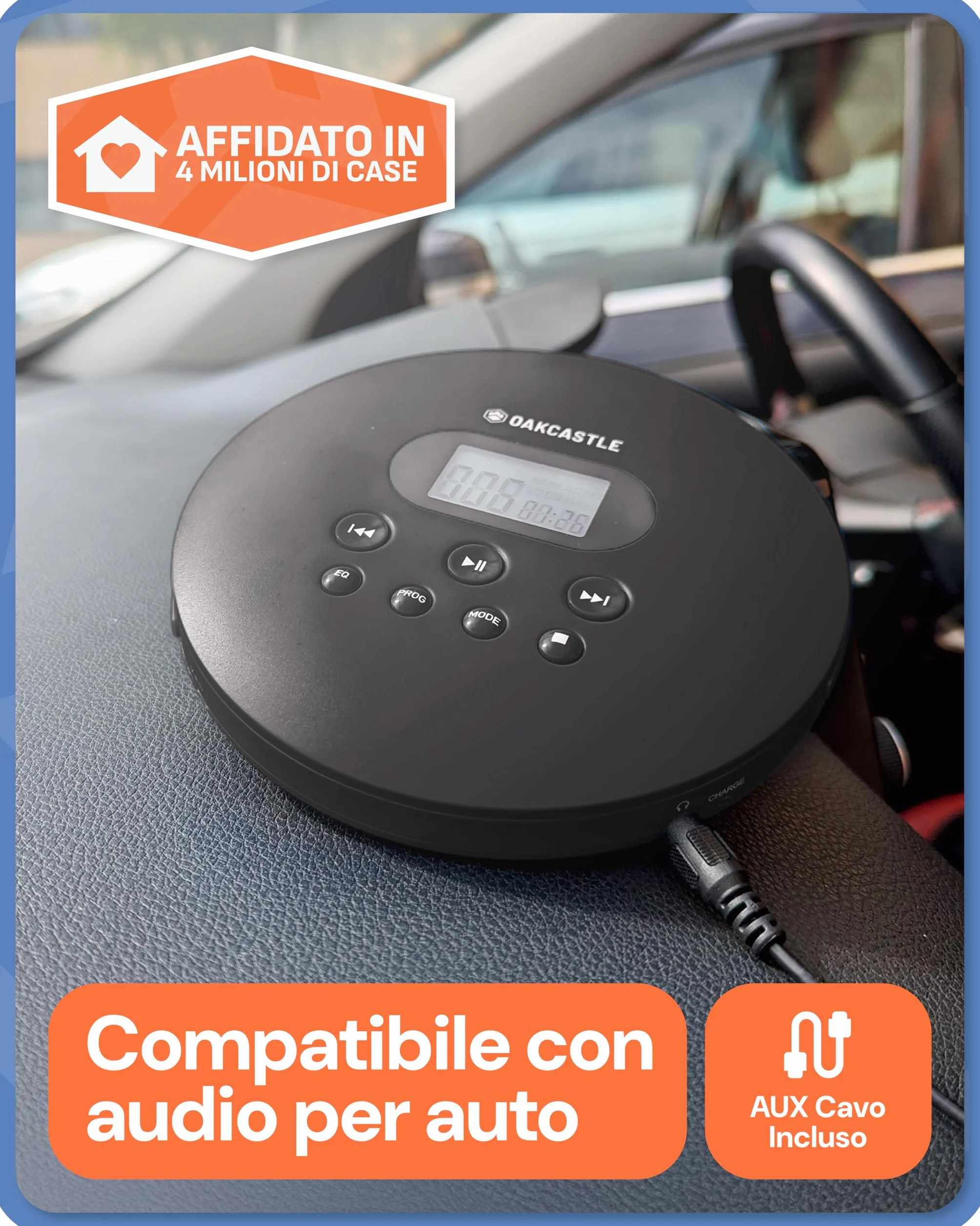 Oakcastle CD100 Lettore CD portatile ricaricabile Bluetooth 5.3, 12 ore riproduzione, anti-salto, USB-C