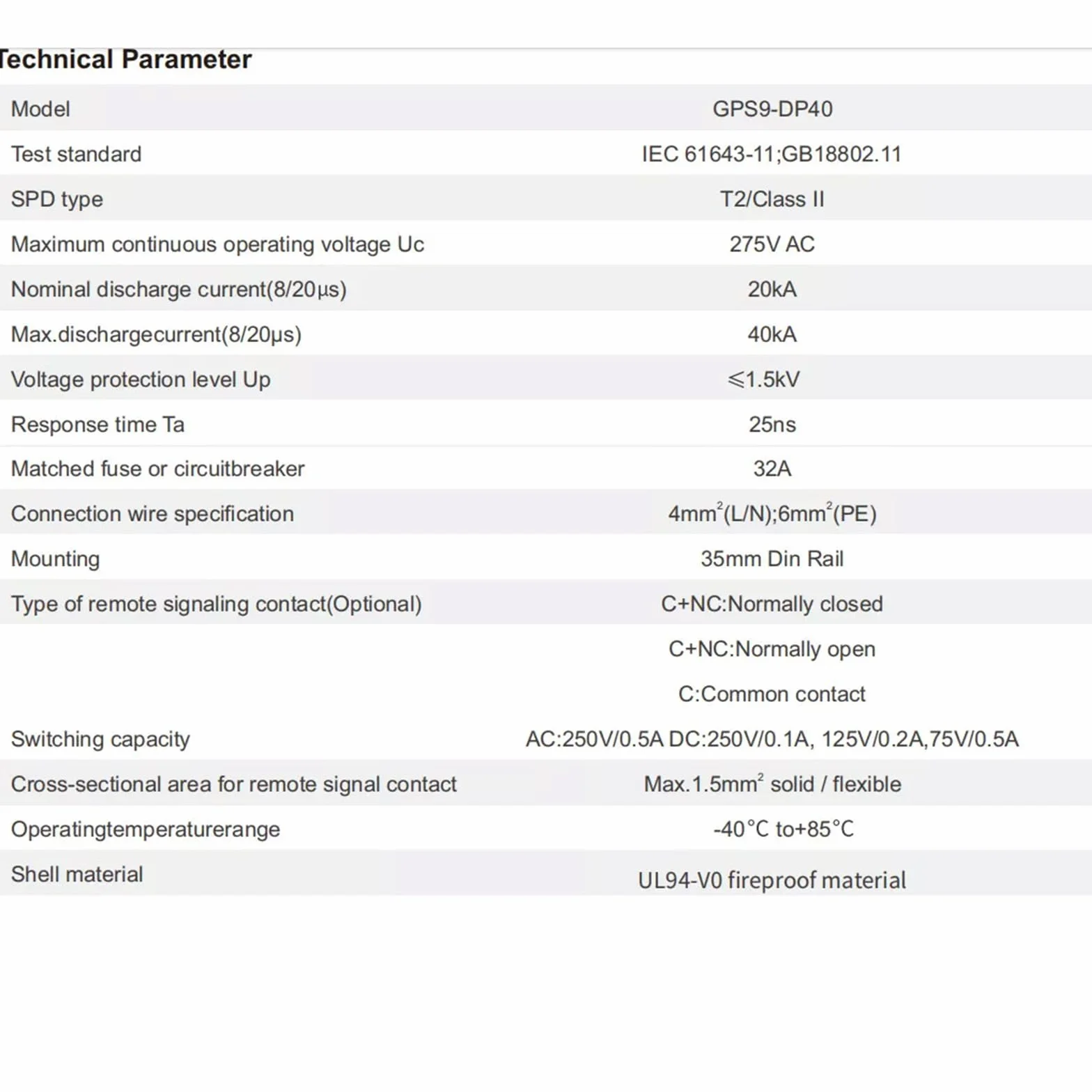 GEYA Dispositivo di scaricatore a bassa tensione SPD 20-40KA 1P+N AC275V