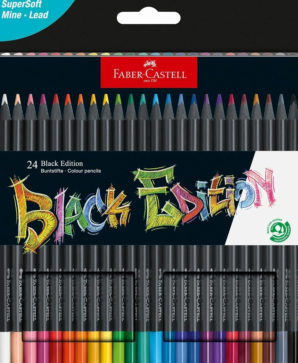 Faber-Castell Black Edition 24 Matite Colorate, Resistenti alla Rottura, Impugnatura Ergonomica, Valigetta per Carta Chiara e Scura