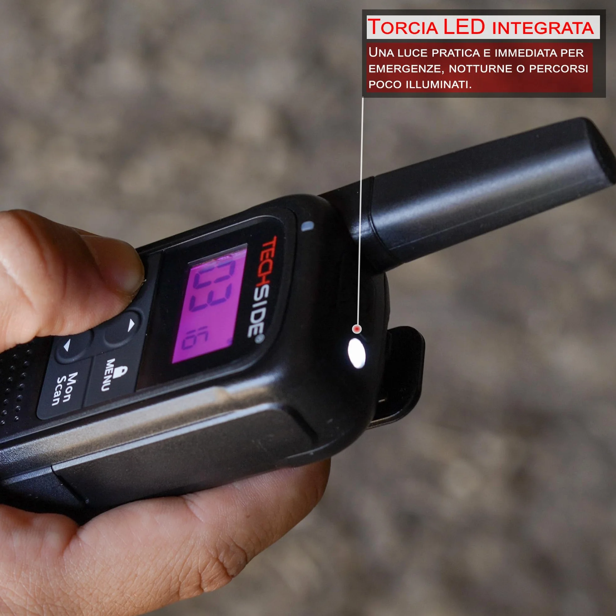 TechSide TS-T3 Go Ricetrasmittente PMR446 16 Canali 10 km USB-C Torcia LED 2 Pezzi