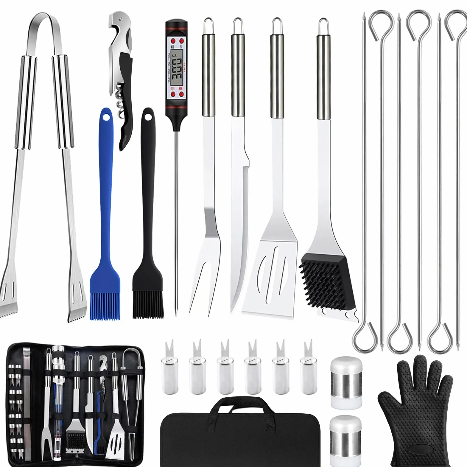 27Pcs Set per Barbecue in Acciaio Inossidabile, Set di Posate da Grill Professionali, Accessori per Barbecue, con Borsa da Trasporto, per Campeggio, Picnic, Giardino, Escursionismo