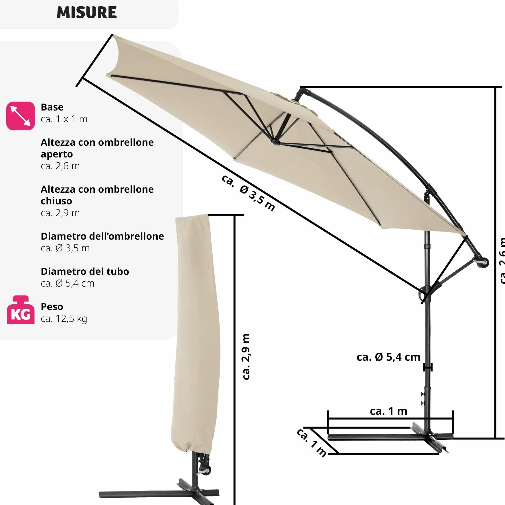 tectake® Ombrellone da Esterno con Robusta Struttura di Sostegno, Inclinabile, Idrorepellente, Resistente ai Raggi UV, Custodia Ombrellone da Giardino Inclusa