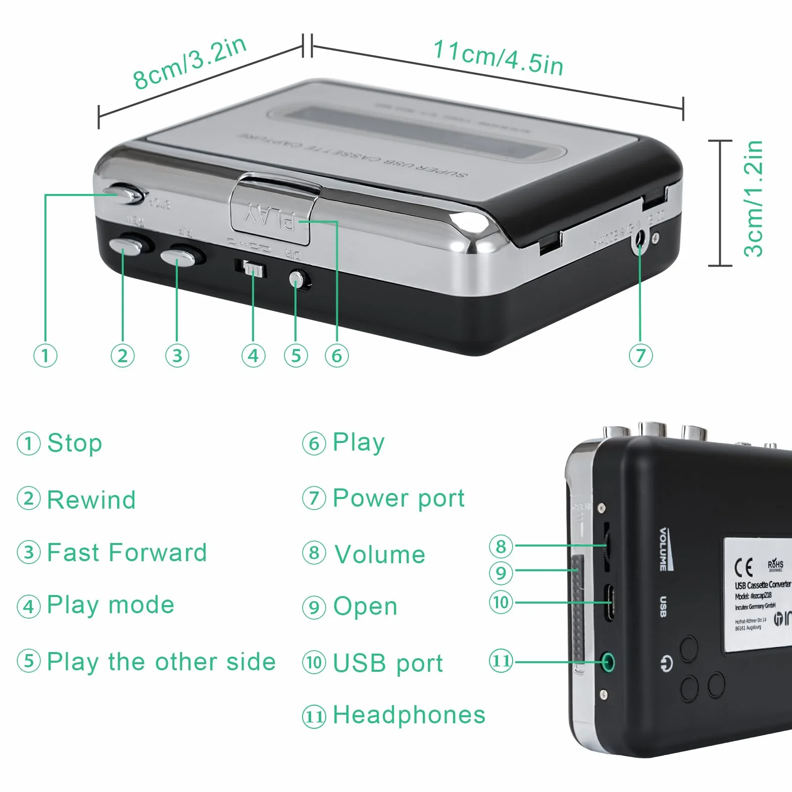 Incutex Lettore Cassette Audio Convertitore Musicassette MP3 USB Argento