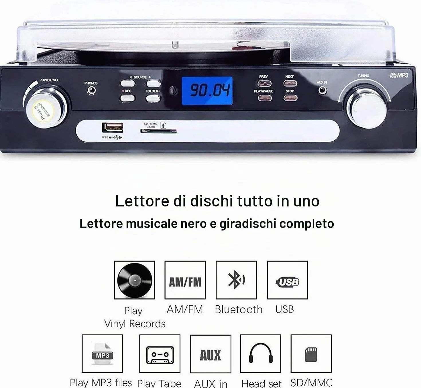 Altoparlante Stereo Bluetooth con Spina per Dischi in Vinile Digitnow, Radio a Tre Vie AM/FM, USB MP3