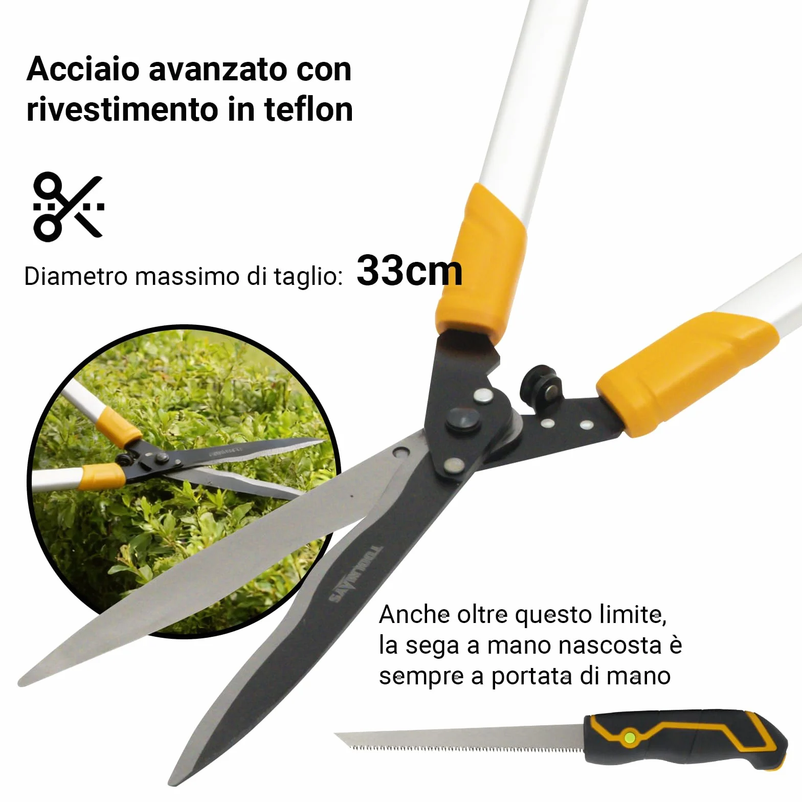 Tagliasiepi 78 cm, cesoie da giardino con sega a mano da 21 cm, cesoie professionali manualmente con design a testa angolata di 20°
