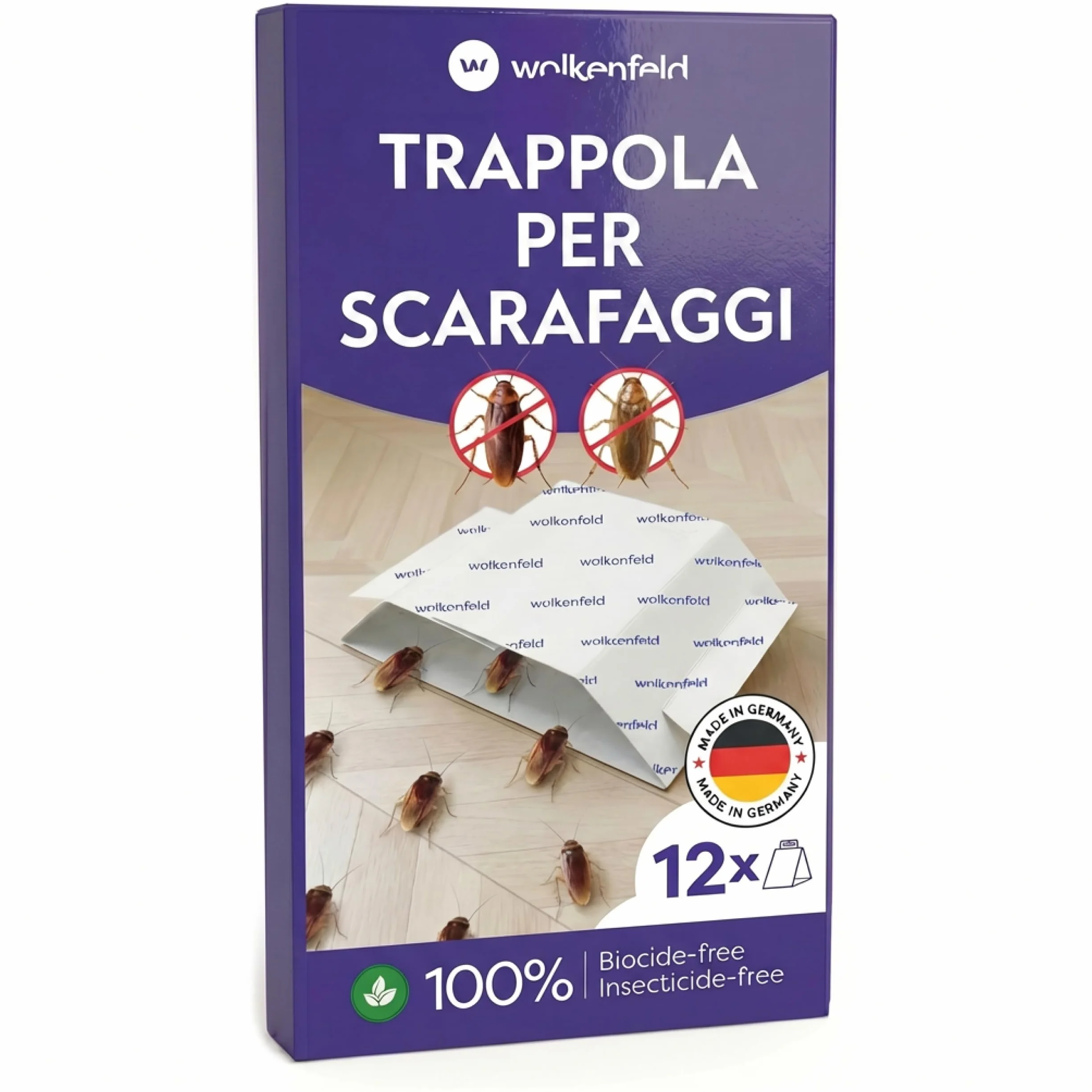 Wolkenfeld 12 Trappole Scarafaggi e Blatte da Interno – Esca Naturale Adesiva per Disinfestazione Casa – Alternativa a Gel Scarafaggi, Spray e Veleno Blatte – Made in Germany