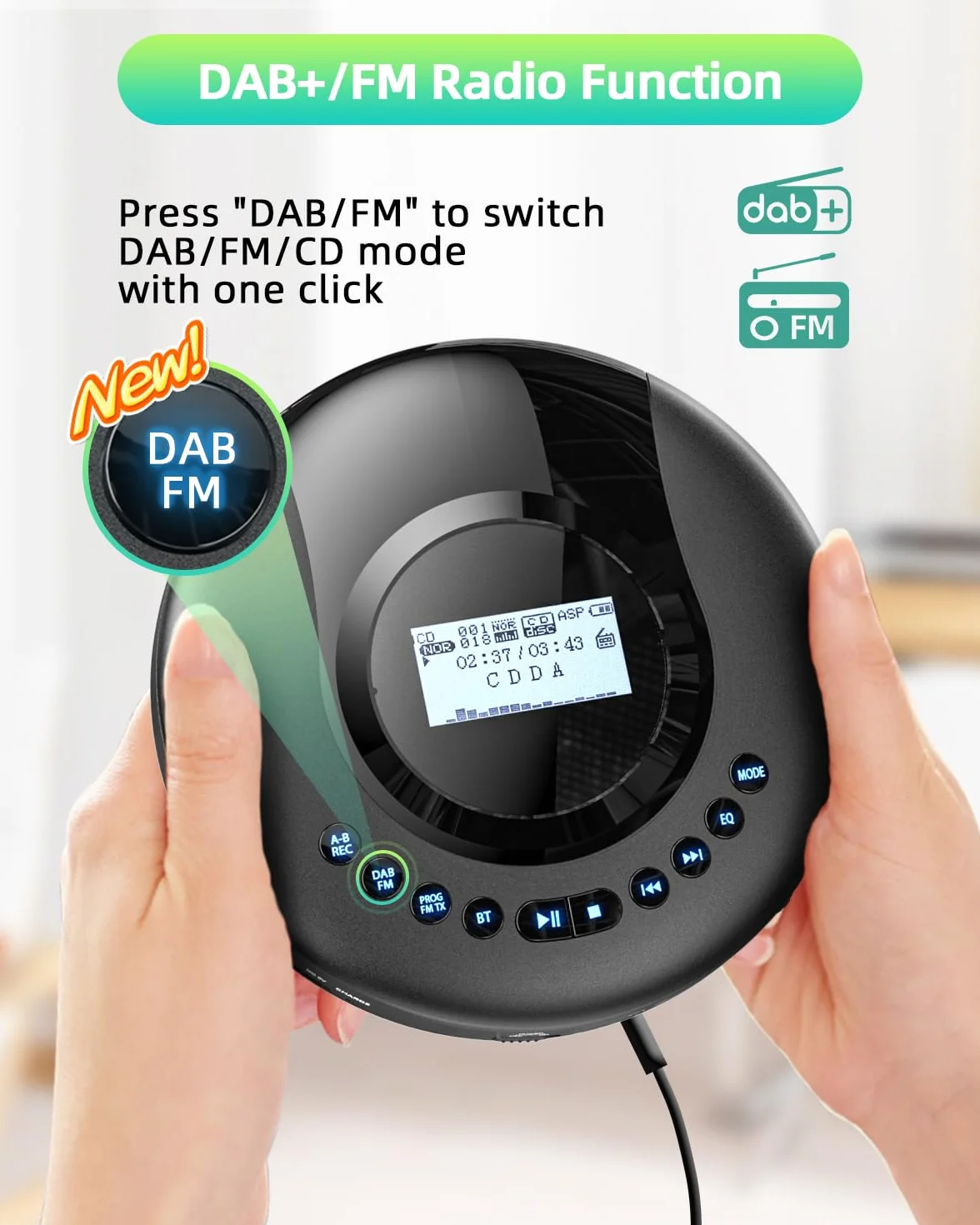 Arafuna Lettore CD portatile Discman Radio DAB+ FM Bluetooth Antishock 2000 mAh Nero