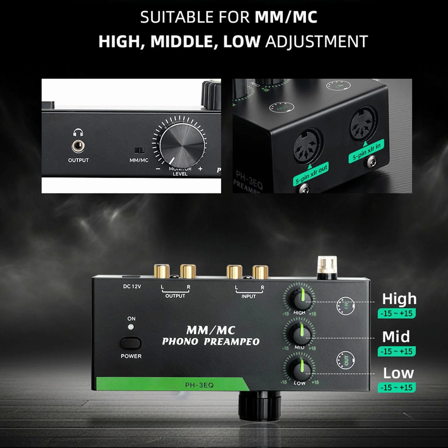 Preamplificatore Phono MM MC Professionale con Ingresso XLR 5 Pin Equalizzazione Regolabile