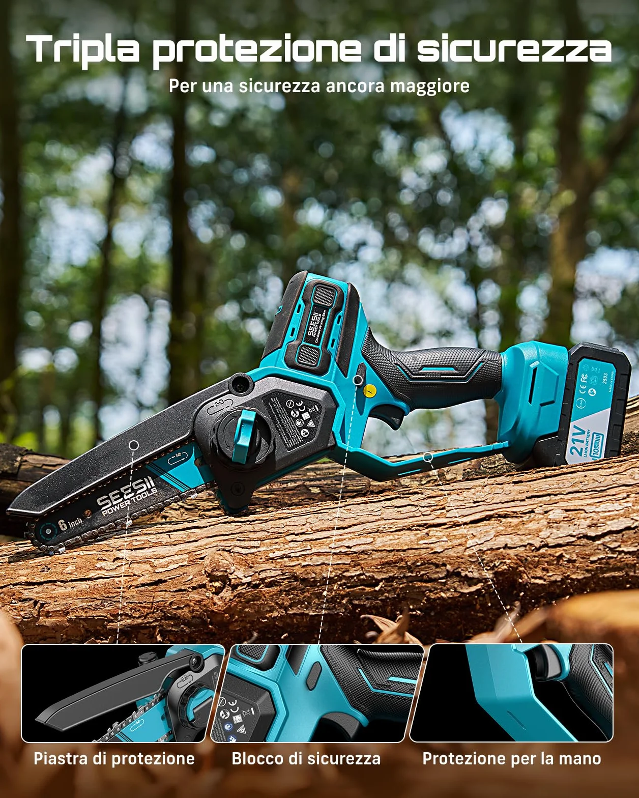SEESII 6 & 8 Motosega a Batteria, 1000 W Mini Motosega con 2 * 4000 mAh Batterie, Sega Elettrica per Legno con Lubrificazione Automatica, Chainsaw Motosega da Potatura, Rami