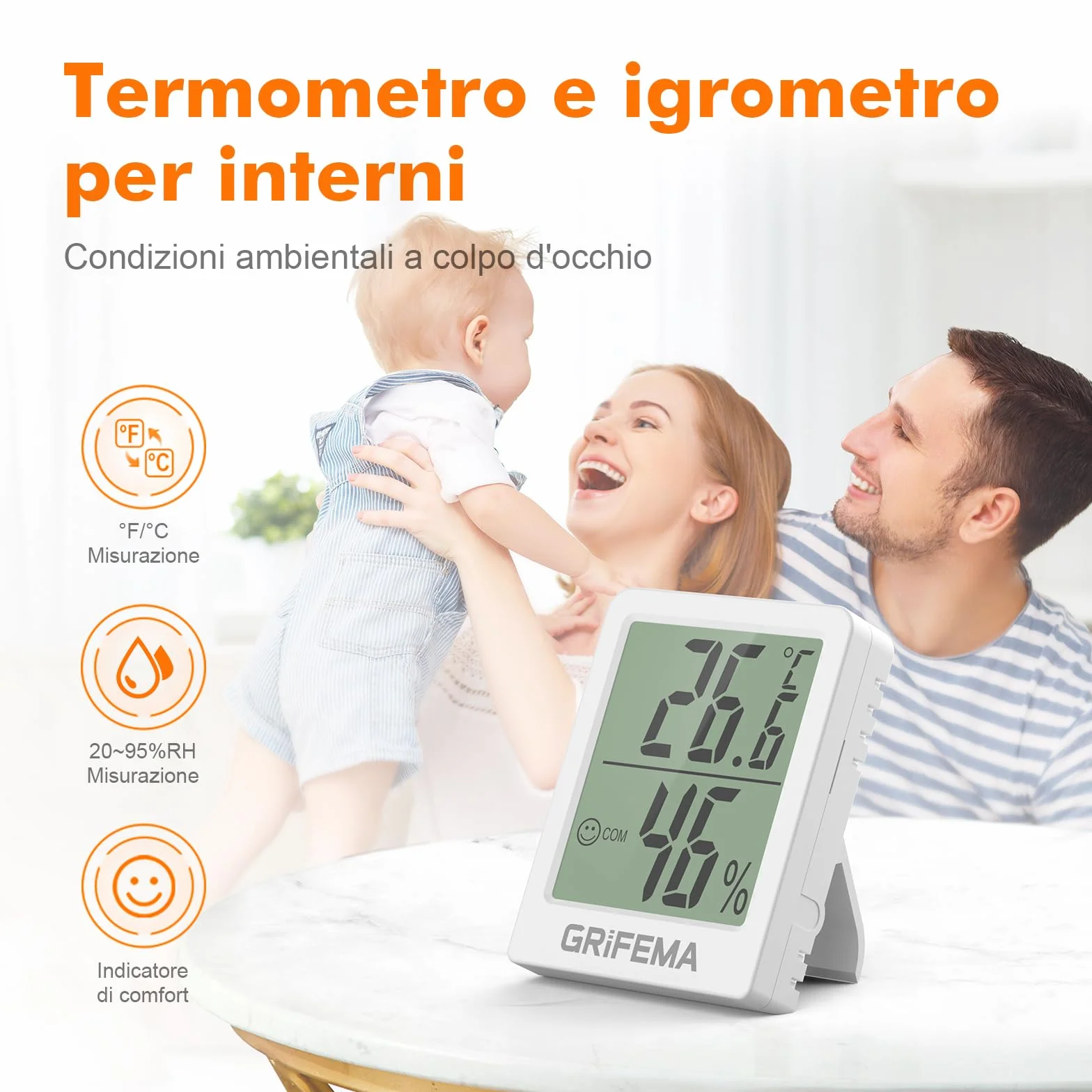 GRIFEMA GA2902 Mini Termometro Digitale Interno Igrometro, Misuratore di Umidità, Bianco