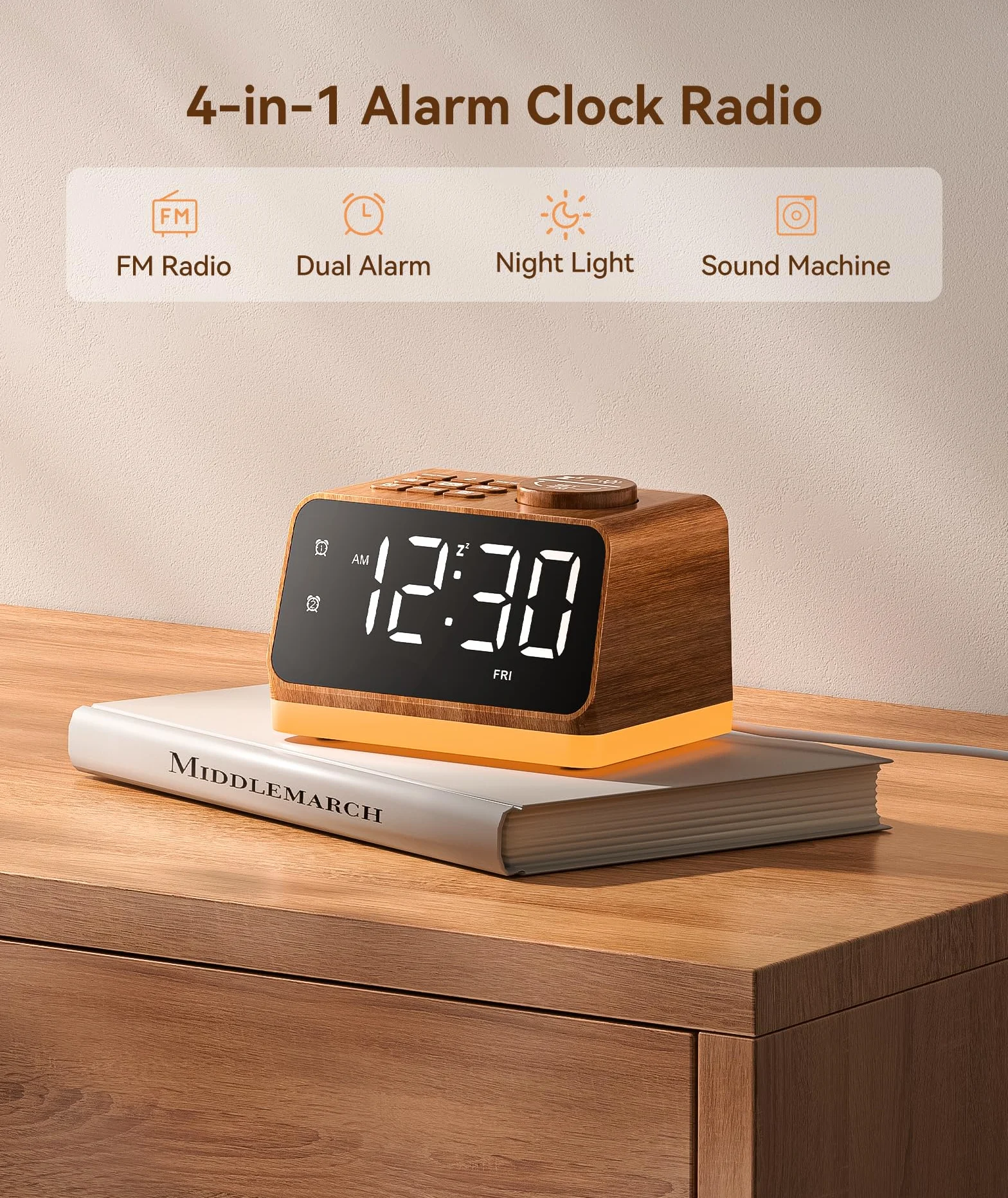 Dreamegg Radiosveglia Digitale da Comodino con Doppio Allarme, Macchina del Rumore Bianco, Radio FM, Luce Notturna, Timer 10-480 min