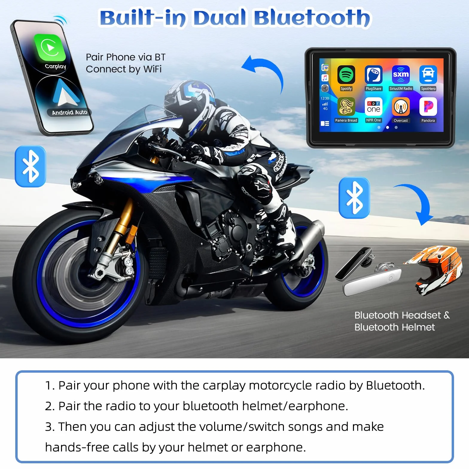 CAMECHO GPS CarPlay Navi Display Moto Senza Fili Android 5 Pollici Impermeabile Touchscreen Doppio Bluetooth EQ