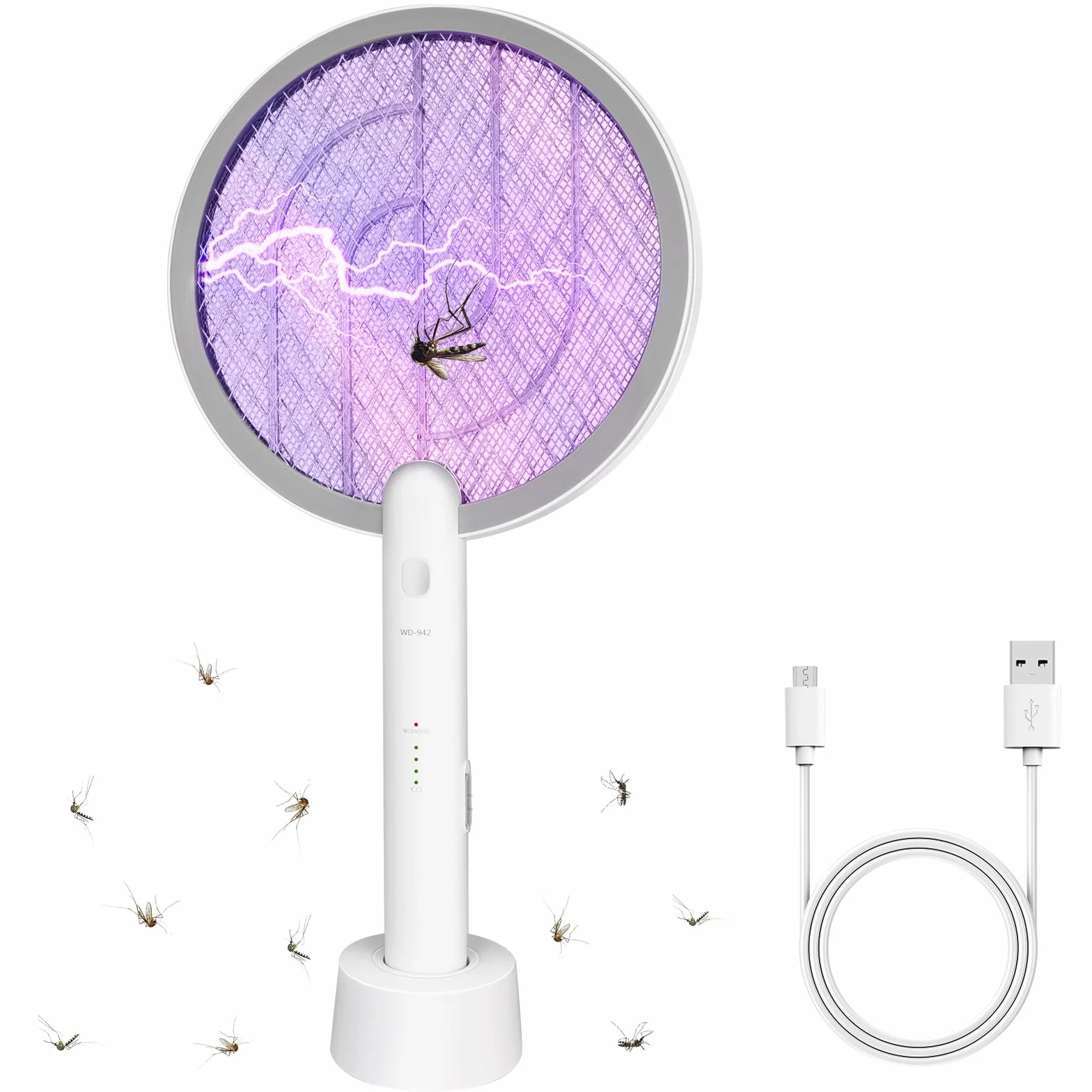 Racchetta scacciamosche elettrica 2 in 1, racchetta insetticida e lampada antizanzare, ricaricabile tramite USB, con batteria da 1200 mAh, per interni ed esterni, casa, cortile, patio, campeggio