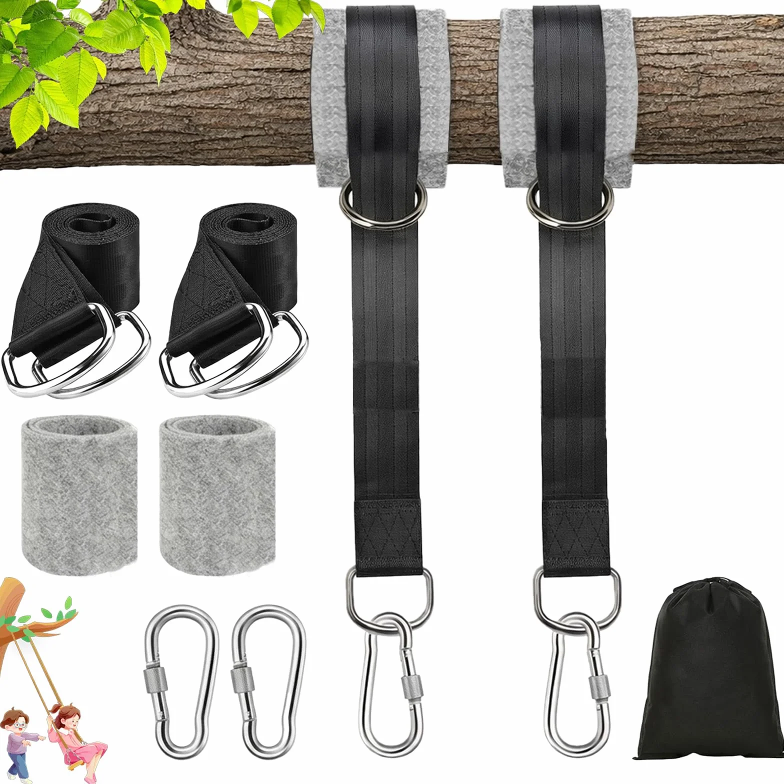 900 kg Cinghie Amaca Fissaggio Altalena, Kit Sospensione 2 x 150 cm con Moschettoni, Anelli a D, Protezioni Albero e Borsa per Giardino, Campeggio, Uso Esterno