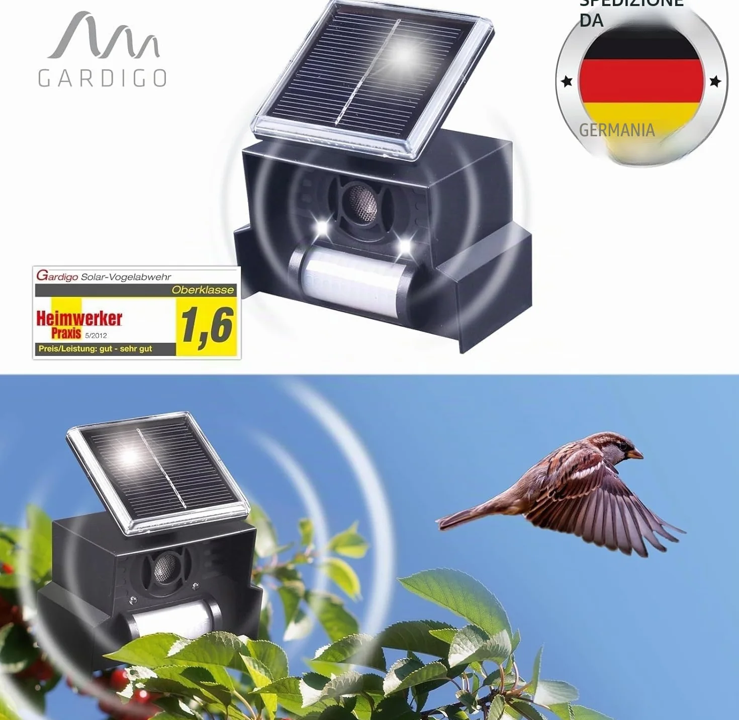 GARDIGO® Dissuasore per Piccioni | Ultrasuoni per Piccioni | Spaventa Uccelli con Pannello Solare | Deterrente Uccelli con Luce Flash a LED | 23-50 kHz | Copertura 110°/7 m | Antipiccioni