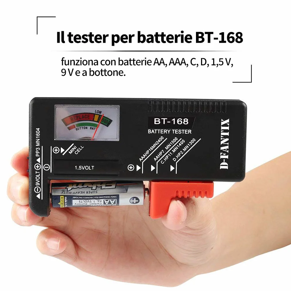 D-FantiX Tester Batteria Universale BT-168, Volt Checker per AA AAA C D 9V 1.5V Button Cell