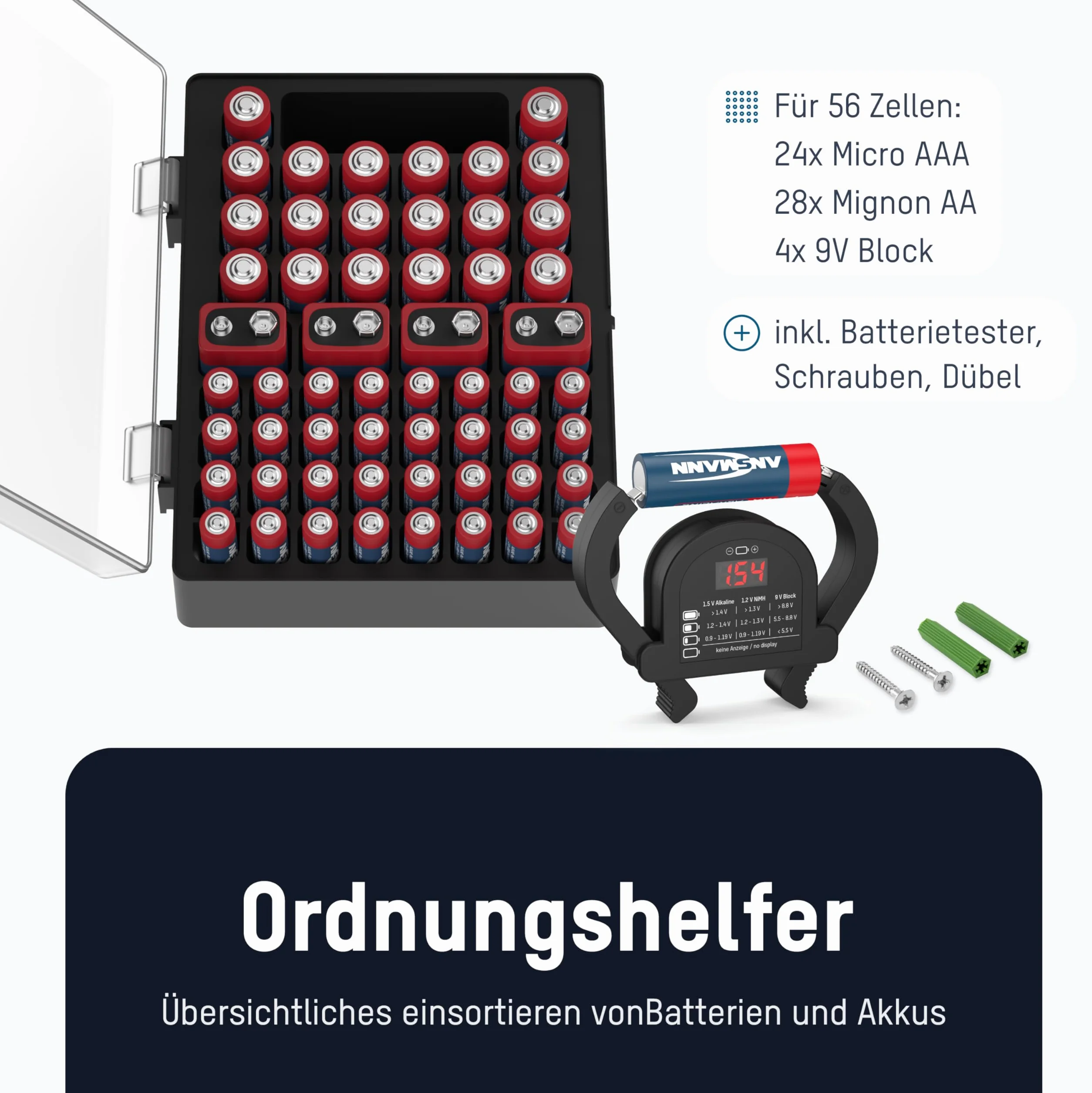 ANSMANN Scatola per batterie con tester 48 batterie 20x Micro AAA 24x stilo AA 4x 9V Organizer portatile