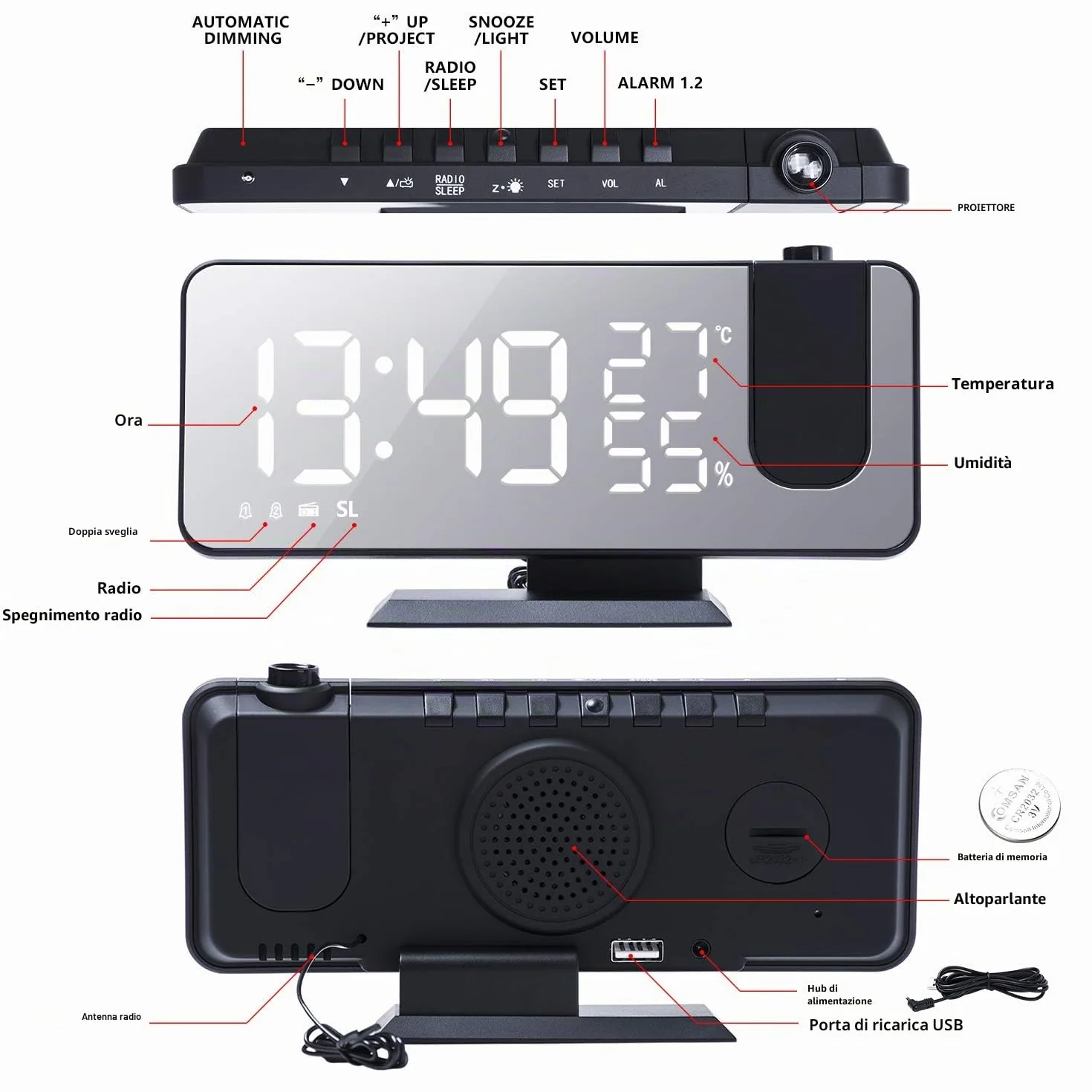 ThreeH Sveglia a Proiezione per Camera da Letto Ampio Display a Specchio LED 7,4'' con Ricarica USB Ruotabile 180° Nero-Bianco