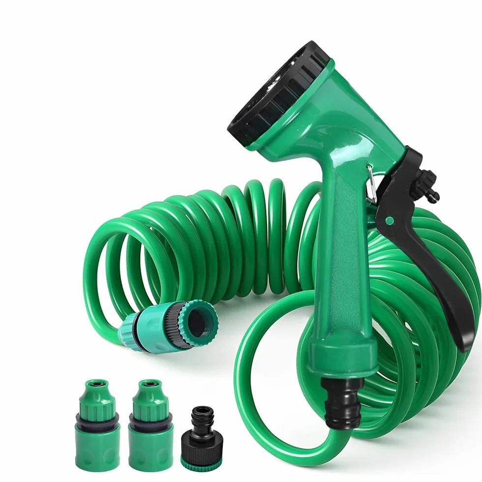 Tubo Flessibile a Spirale Irrigazione, Acqua Tubo Estensibile da Giardino, Spirale Giardino con 5 Funzioni Spruzzo, Applica Giardinaggio Irrigazione Prato (7.5M)