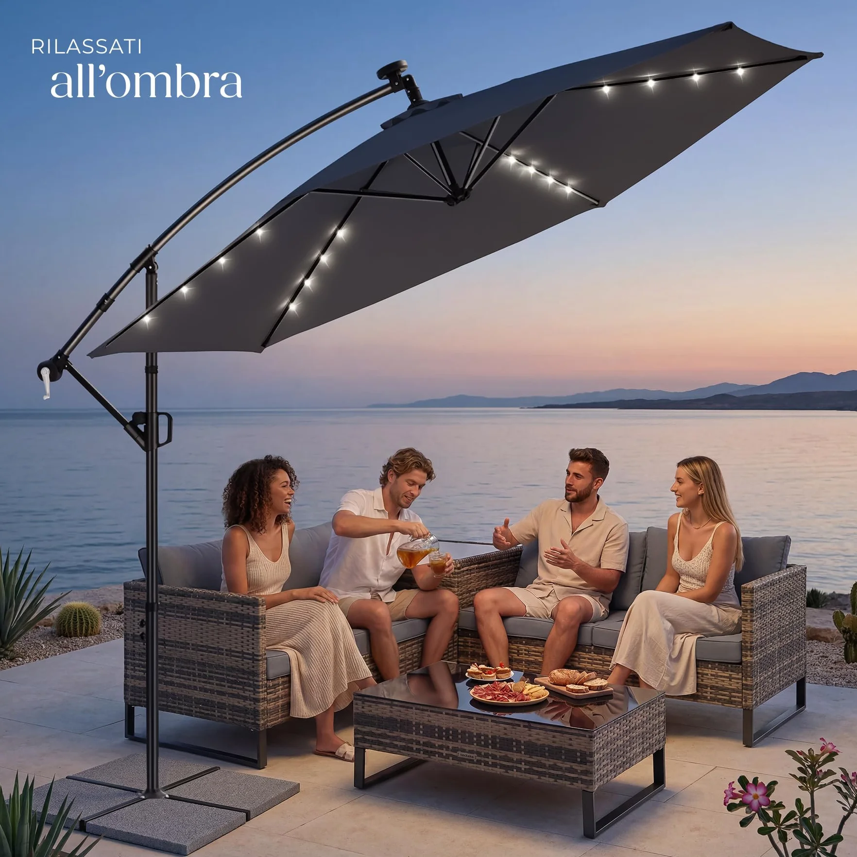tectake® Ombrellone da Giardino 3x3 m, Ombrellone a Braccio Girevole 360° con Strisce Led a Energia Solare, Protezione UV 50+, Idrorepellente, Inclinabile, Base in Acciaio a Croce, Manovella