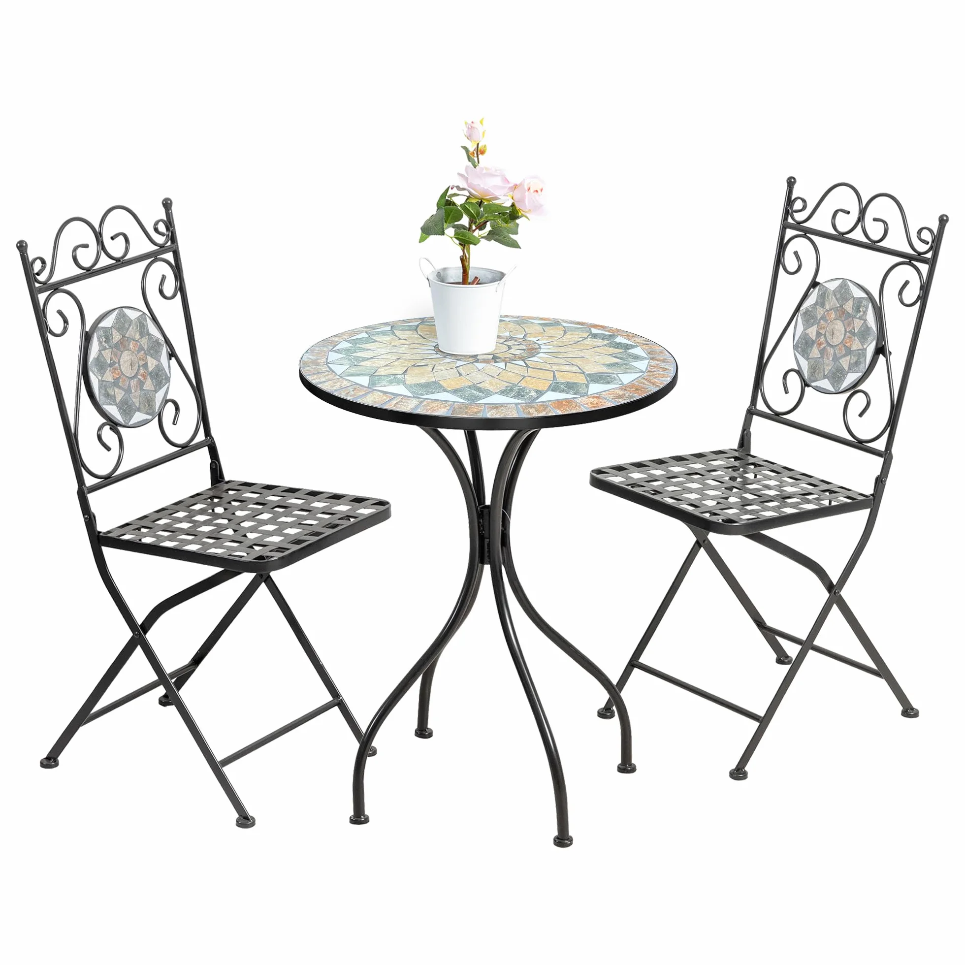 IlGruppone Tavolino + 2 Sedie Set Bistrot Terrazzo Giardino Mosaico Ceramica Interno Esterno Pieghevoli Salvaspazio Patio Casa Arredo Estivo Trattamento Antiruggine WaterProof - Mod-Cefalu