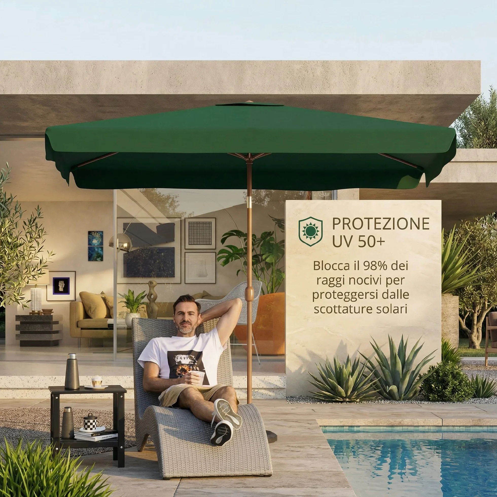 Outsunny Ombrellone da Giardino 2x3 m Inclinabile con Apertura a Manovella, Presa d'Aria e Bordo a Balze, Ombrellone da Esterno Rettangolare Anti UV 50+ in Alluminio e Poliestere 180 g/㎡