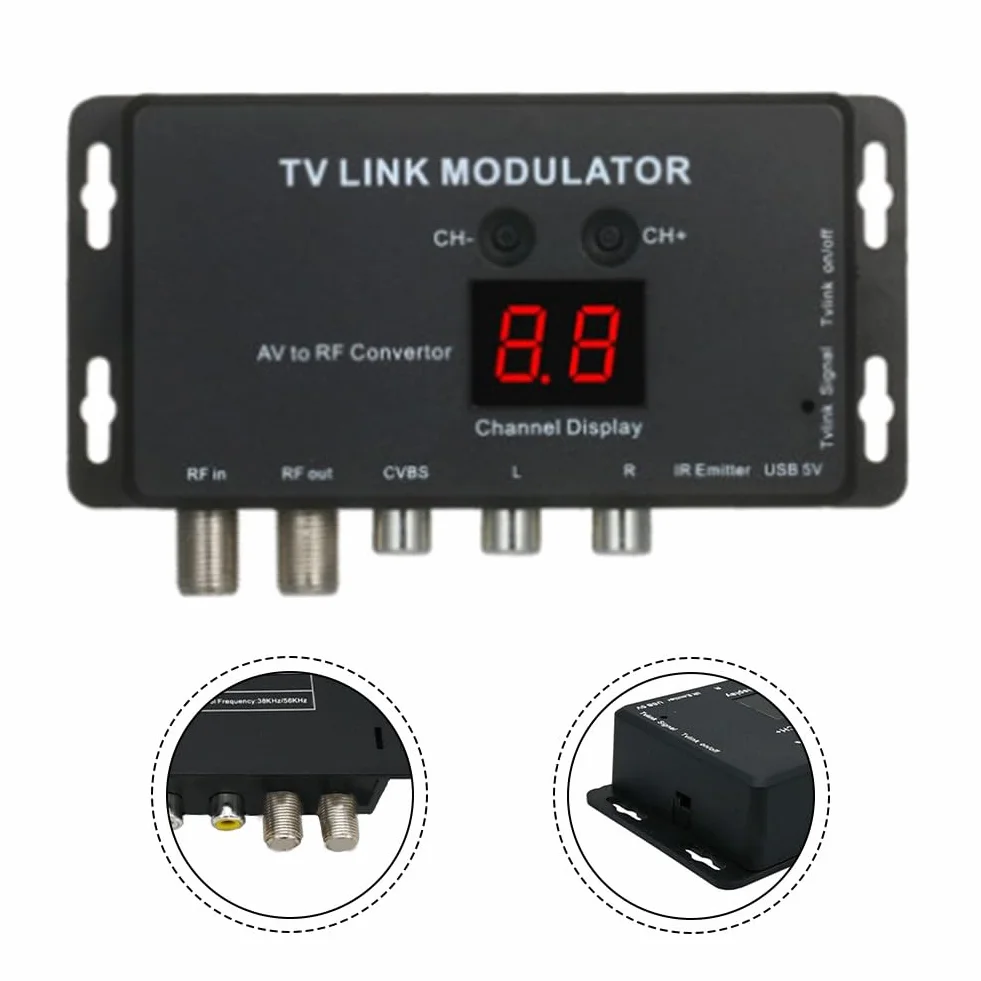 TM70 UHF TV Link Modulatore AV a RF Converter con display canale, uscita regolabile PAL/NTSC nero