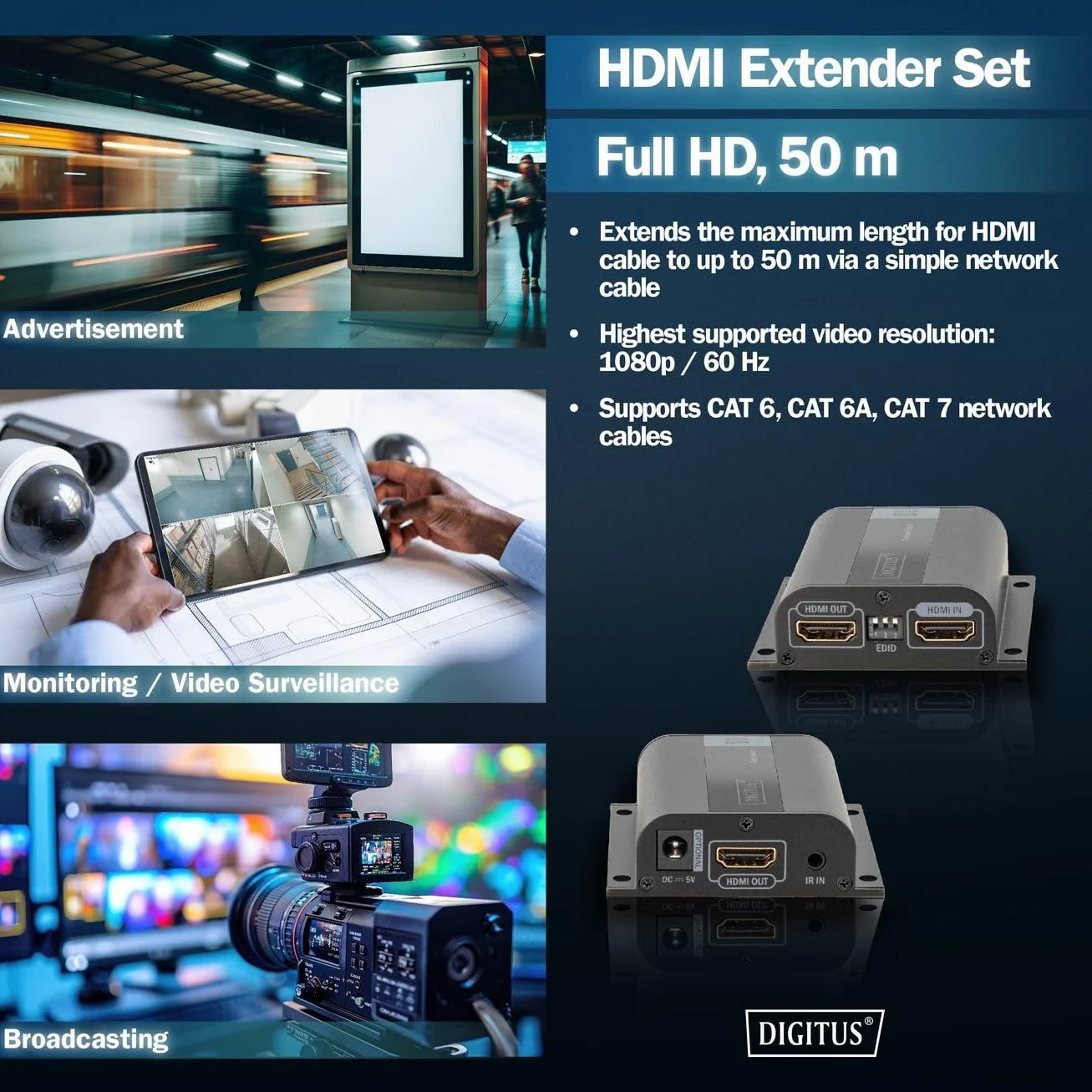 DIGITUS DS-55100-1 Estensore HDMI Full HD 1080p 60 Hz 50 m cavo LAN Set Trasmettitore Ricevitore Loop-Out IR HDCP 1.2a