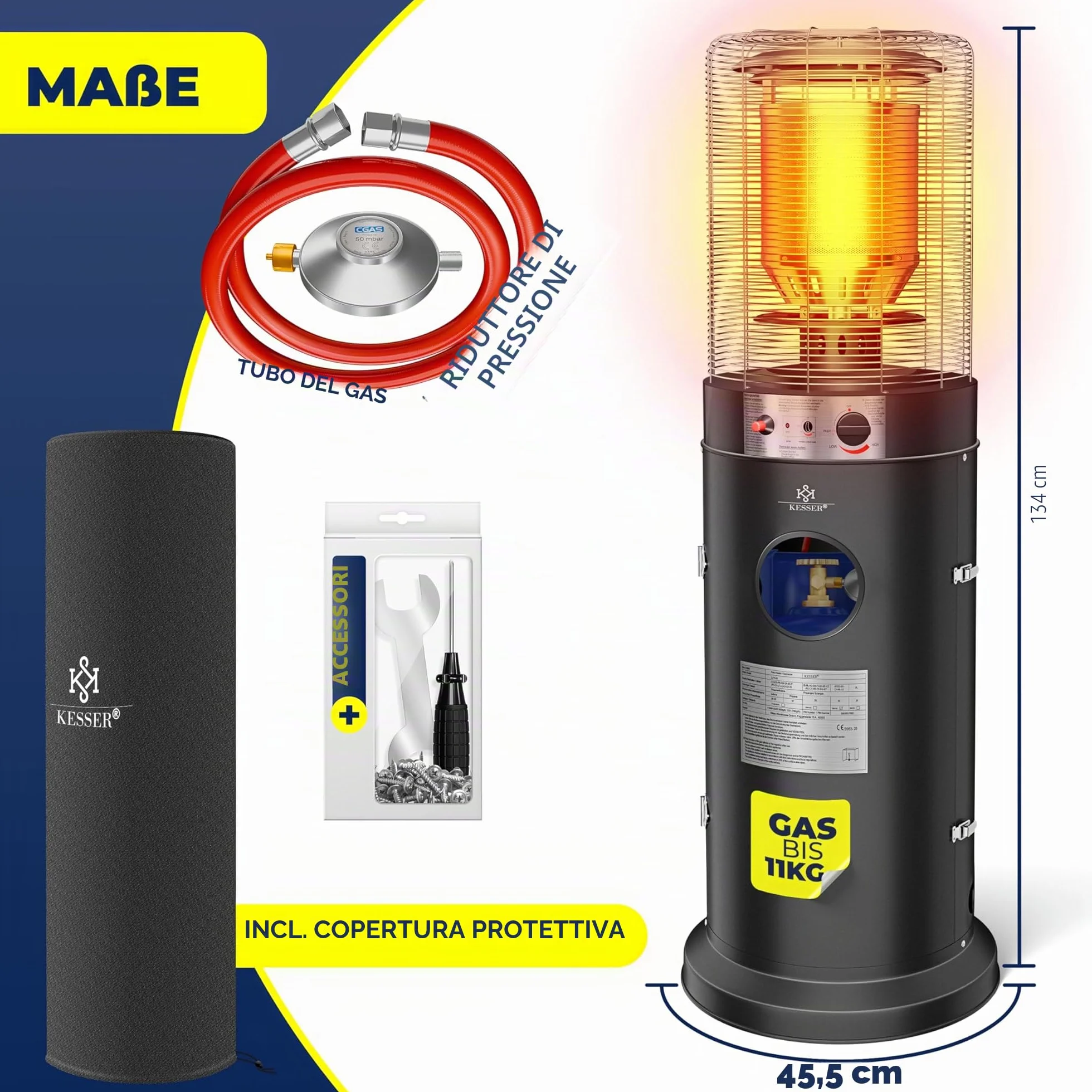 KESSER Riscaldatore radiante a gas Fungo 12,5 kW Stufa da esterno Nero