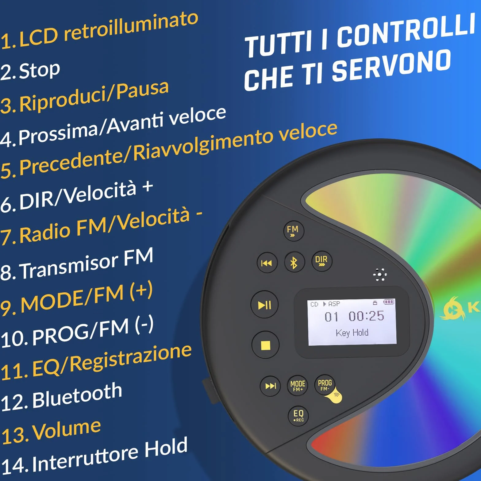KLIM Discover Lettore CD HiFi Portatile Radio FM Bluetooth Nero/Oro