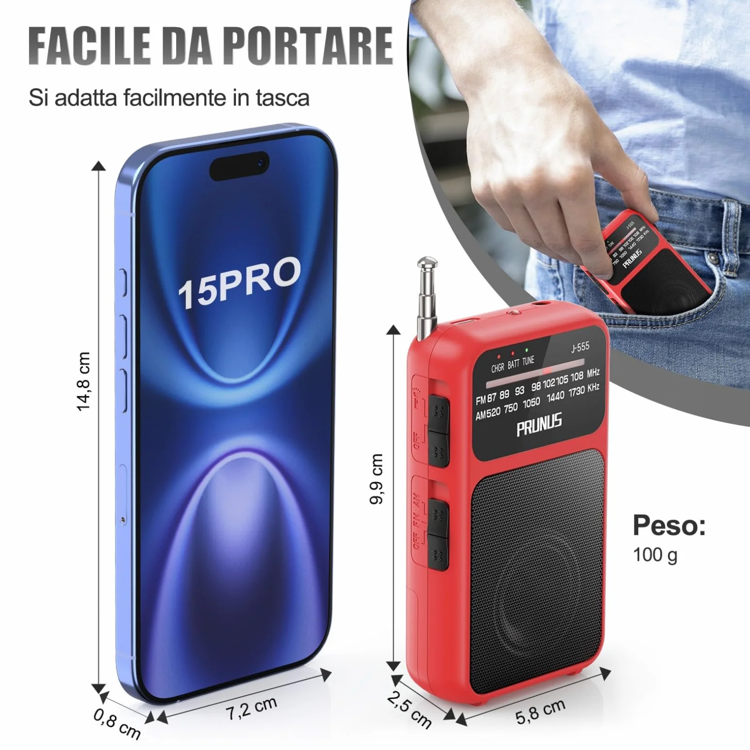 PRUNUS J-555 Radio Portatile Ricaricabile FM/AM con Batterie AAA, Jack, Clip Posteriore Rosso