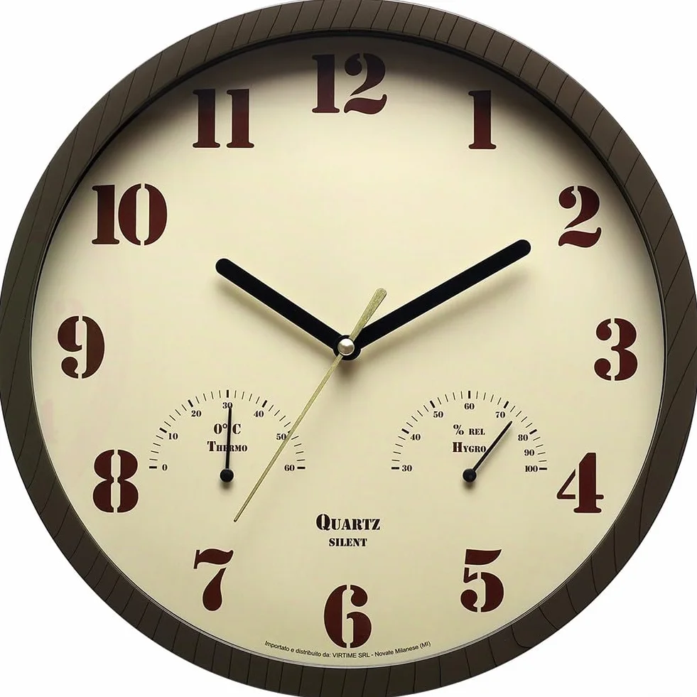 Orologio da esterno resistente alle intemperie con termometro e igrometro integrato, silenzioso, orologio da parete per patio, piscina, giardino, design impermeabile, telaio marrone scuro