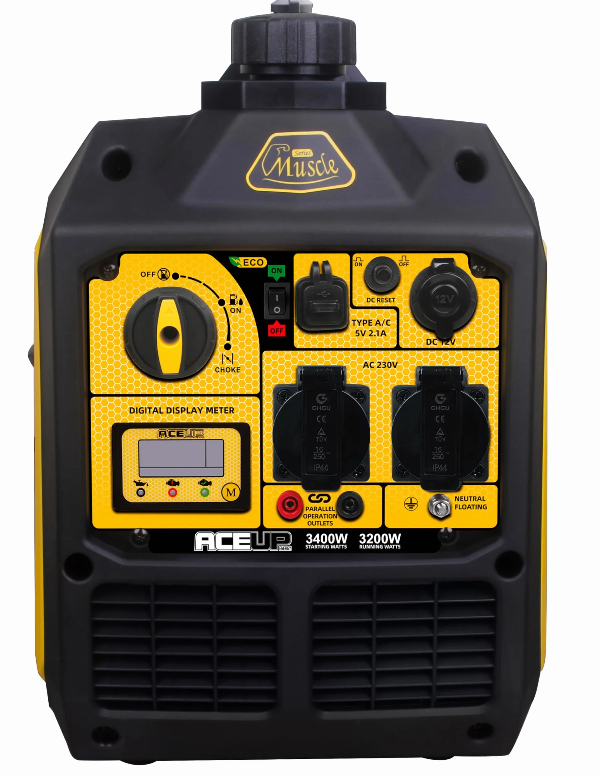 Aceup Energy 3400W Generatore Inverter Generatore di Corrente Benzina con Display Digitale Prese Multiuso Modalità Eco, per il Campeggio L'esterno, L'uso domestico Portatile e Silenzioso