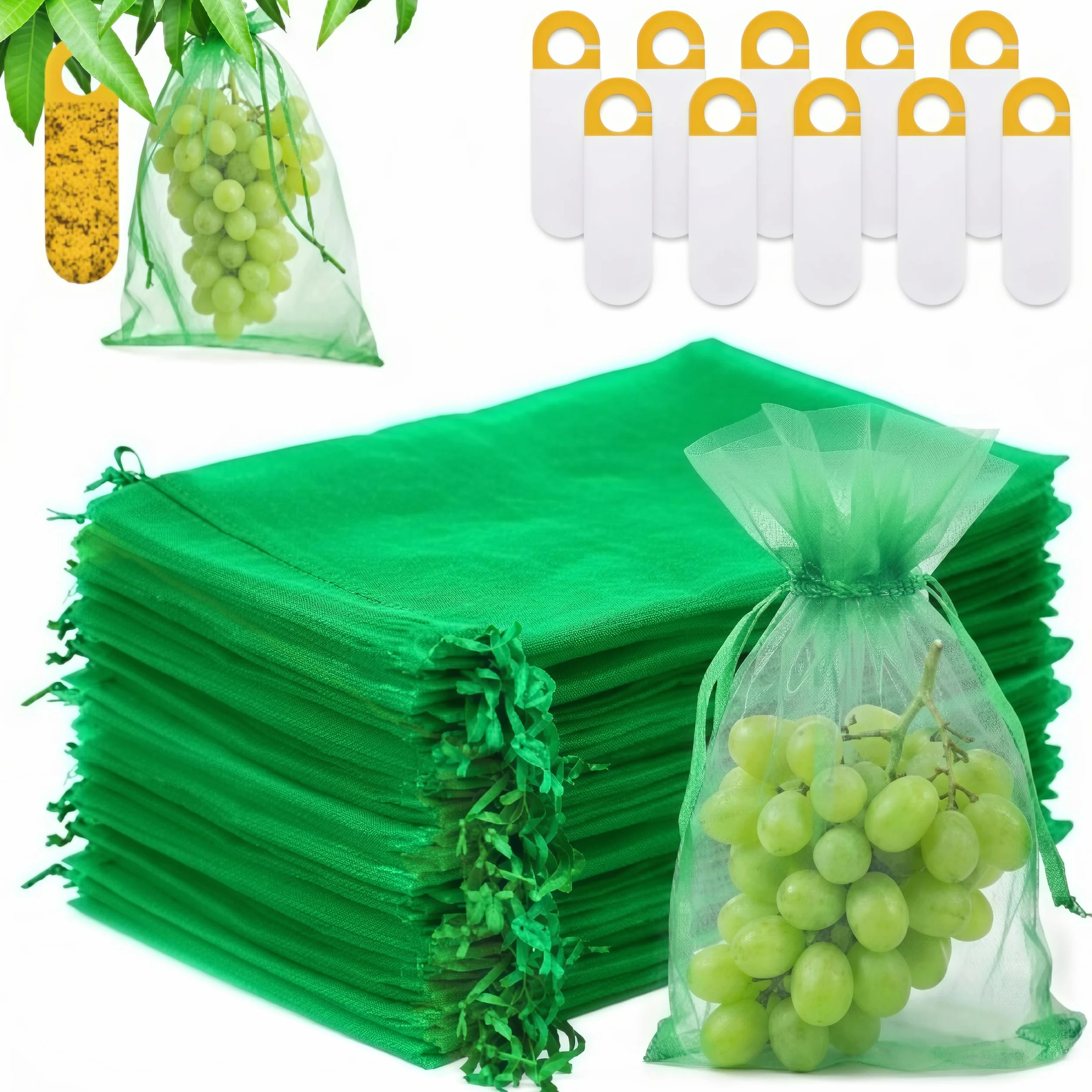 100 Pezzi Sacchetti di Protezione 30x40 cm per Uva, Sacchetti Organza con Coulisse, con 10 Trappole Adesive per Insetti da Giardino, per Protezione Frutta Proteggere da Vespe, Uccelli e Moscerini.