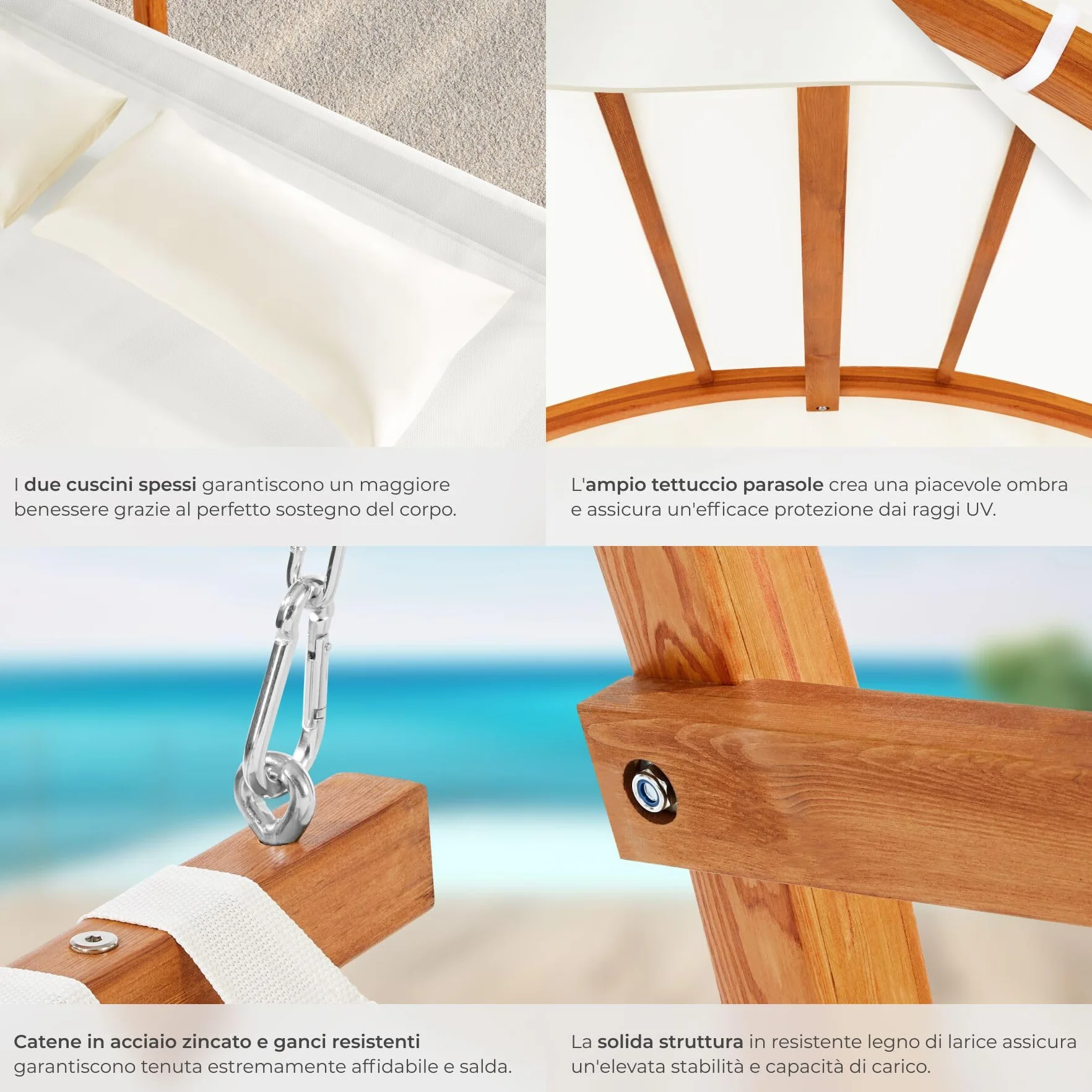 tectake® Amaca da Esterno per 2 Persone, Amaca XXL con Tettuccio Parasole, Struttura in Legno Robusta, Tessuto Traspirante e Idrorepellente, Inclusi Comodi Cuscini, Teak, 328 x 160 x 171,5 cm